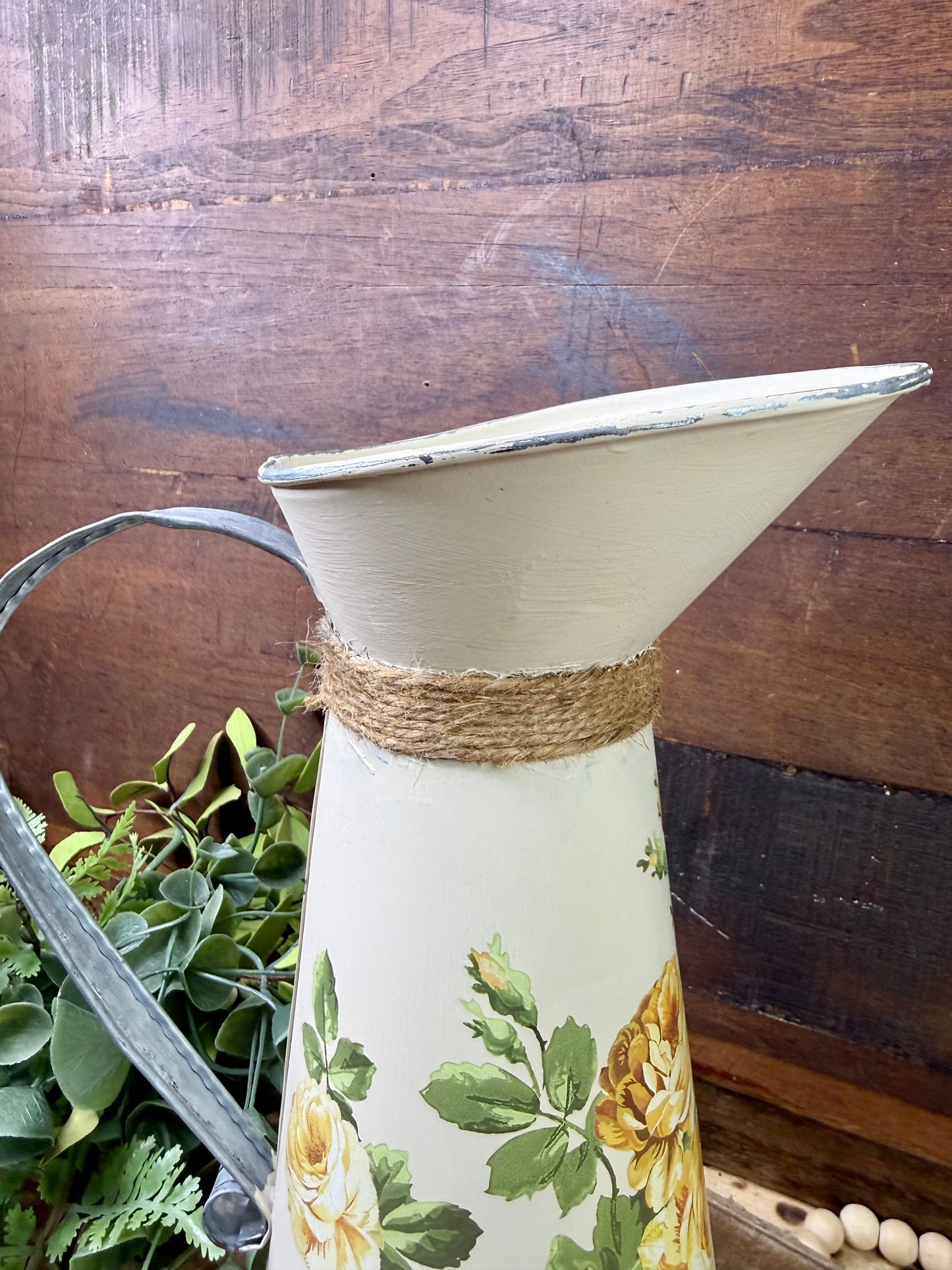 Upcycled Metal Pitcher with Yellow Roses