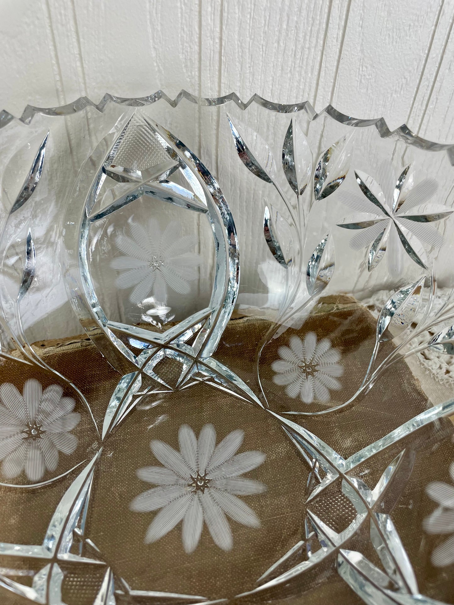 Vintage Cut Glass Serving Bowl with Etched Flowers