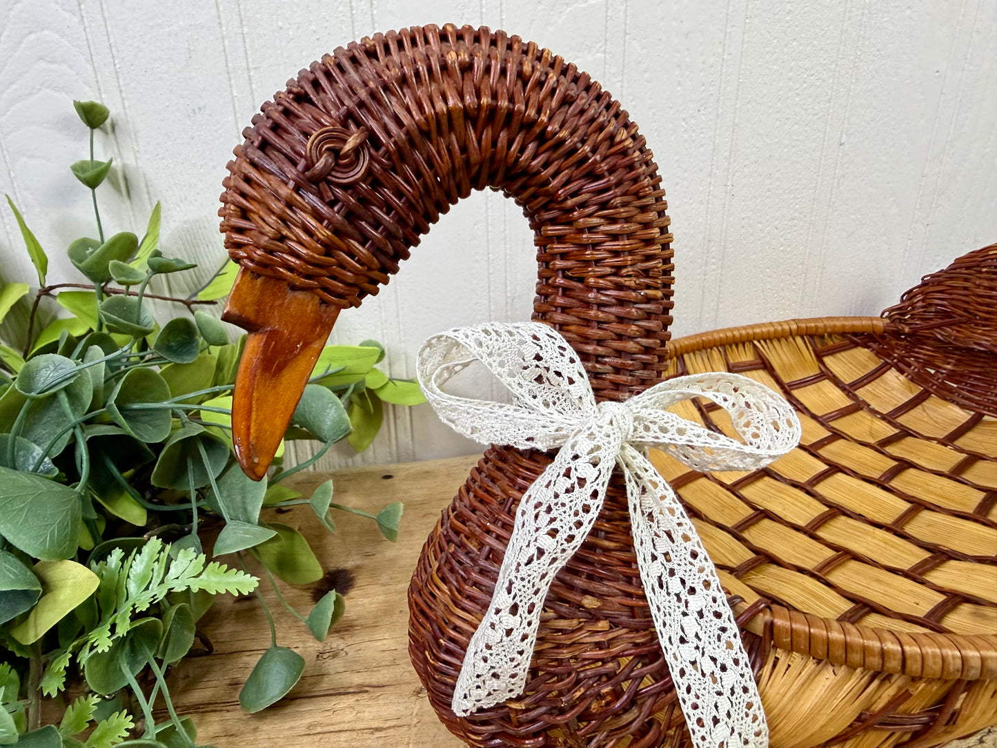 Vintage Wicker Duck Basket with Lace Bow