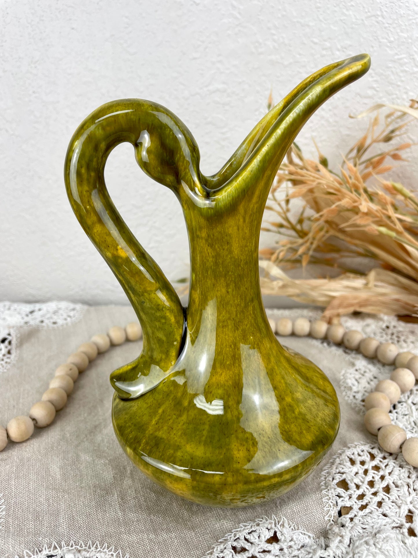 Vintage Handmade Green Pottery Pitcher