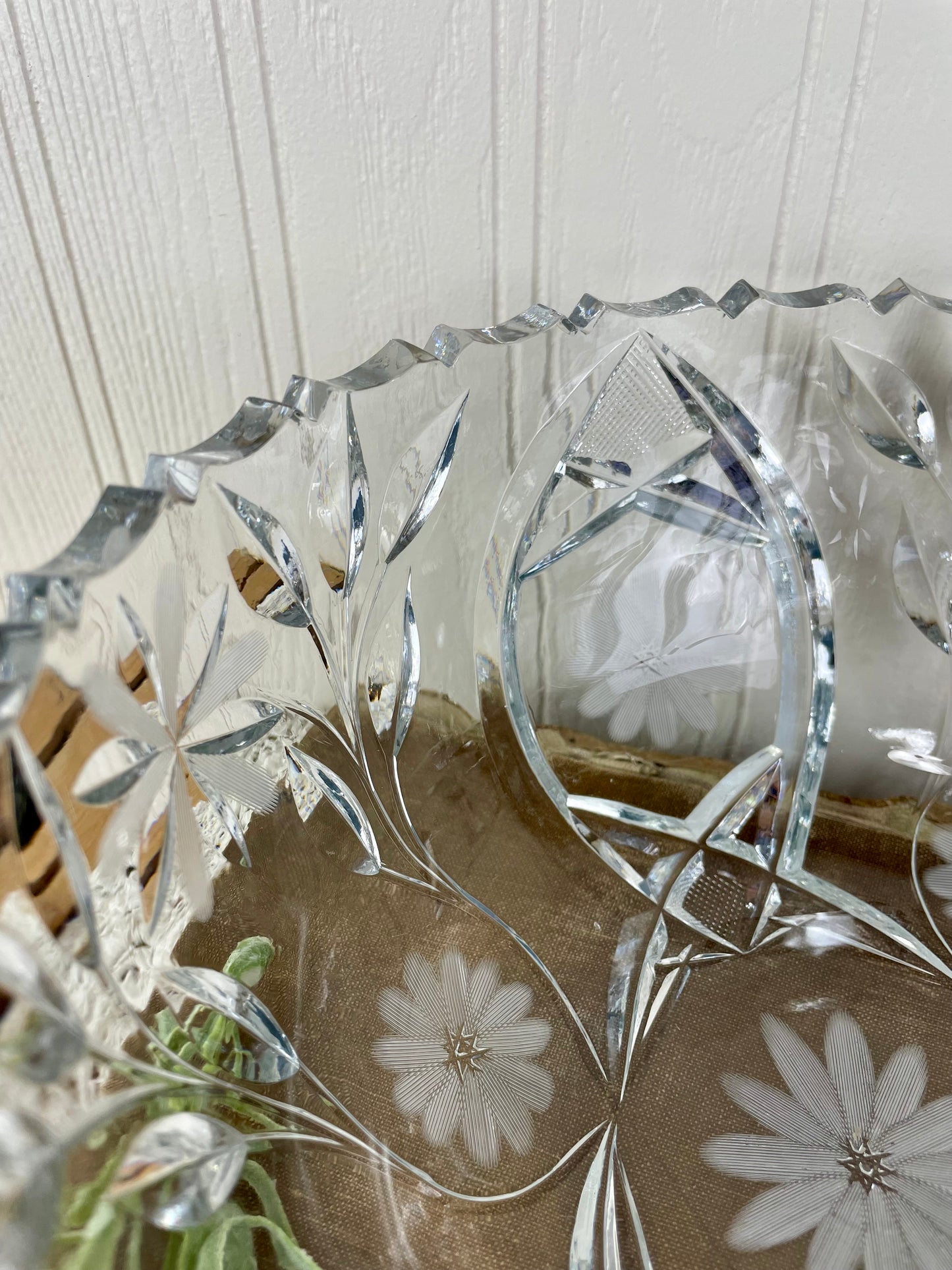 Vintage Cut Glass Serving Bowl with Etched Flowers