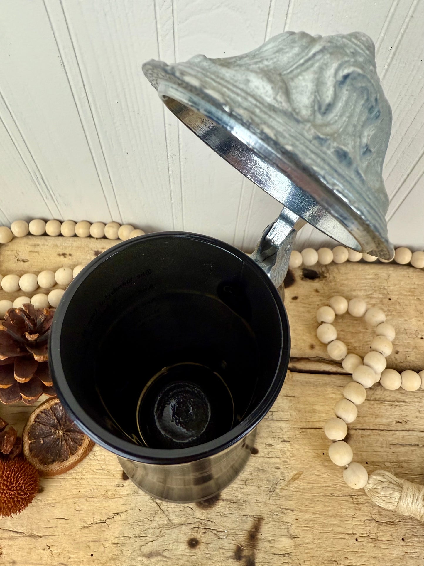 Vintage Black Glass Beer Stein with Pewter Lid