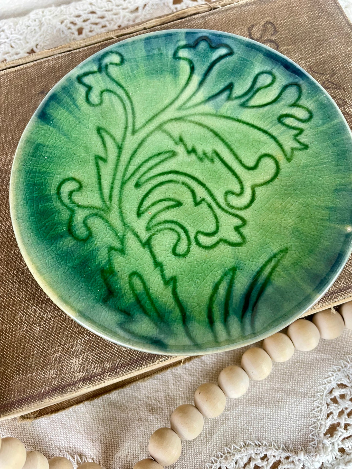 Vintage Green Glazed Ceramic Trinket Dish