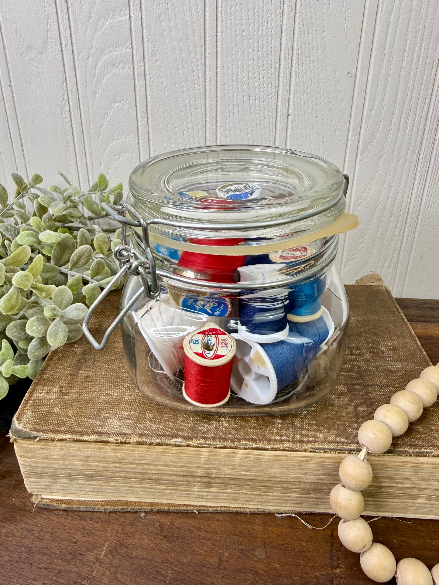 Vintage Glass Clasp Jar with Thread Spools