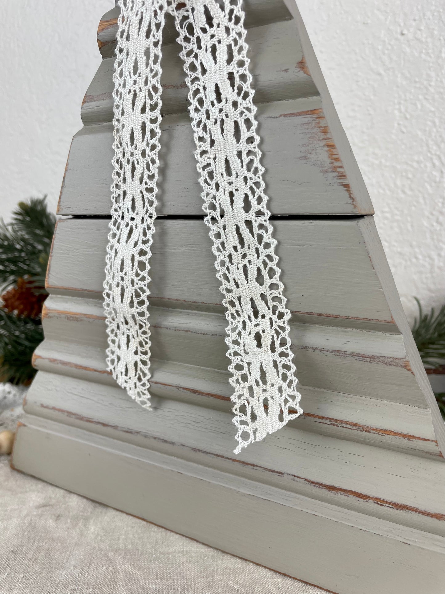 Upcycled Vintage Trim Beige Large Christmas Tree with Handmade Bow & Lace