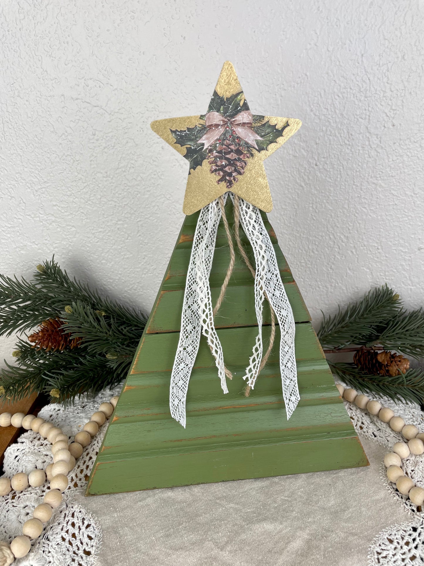 Upcycled Vintage Trim Olive Green Large Christmas Tree with Metallic Star