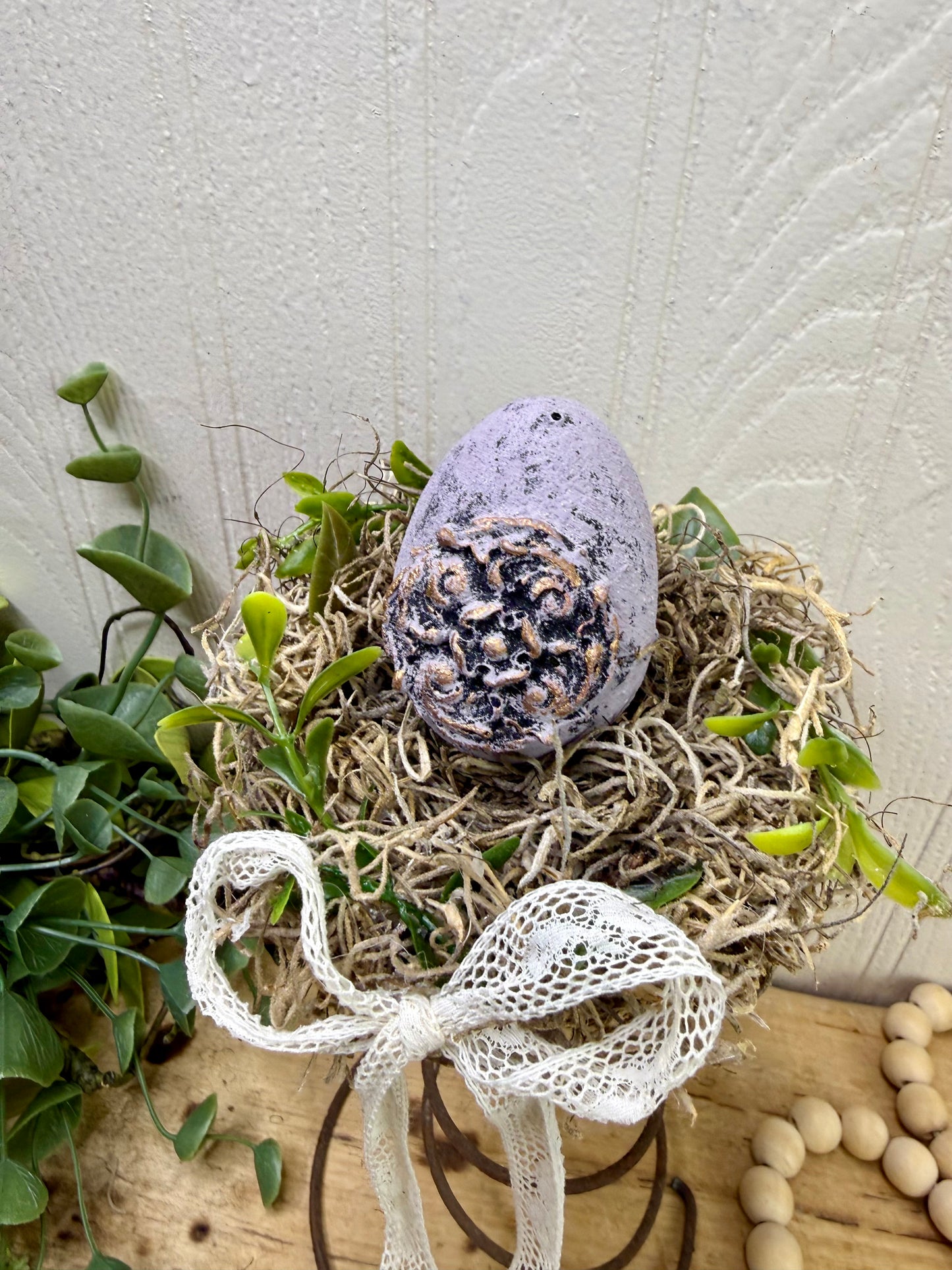 Handmade Rustic Bed Spring Nest with Pastel Purple Egg
