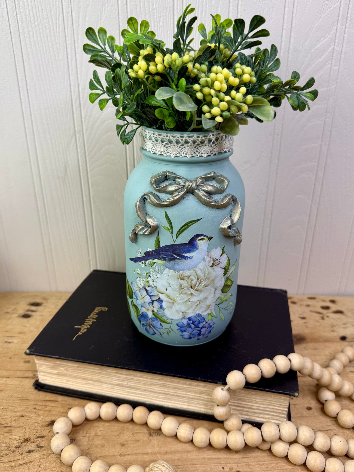 Handmade Upcycled Jar Vase with Blue Birds