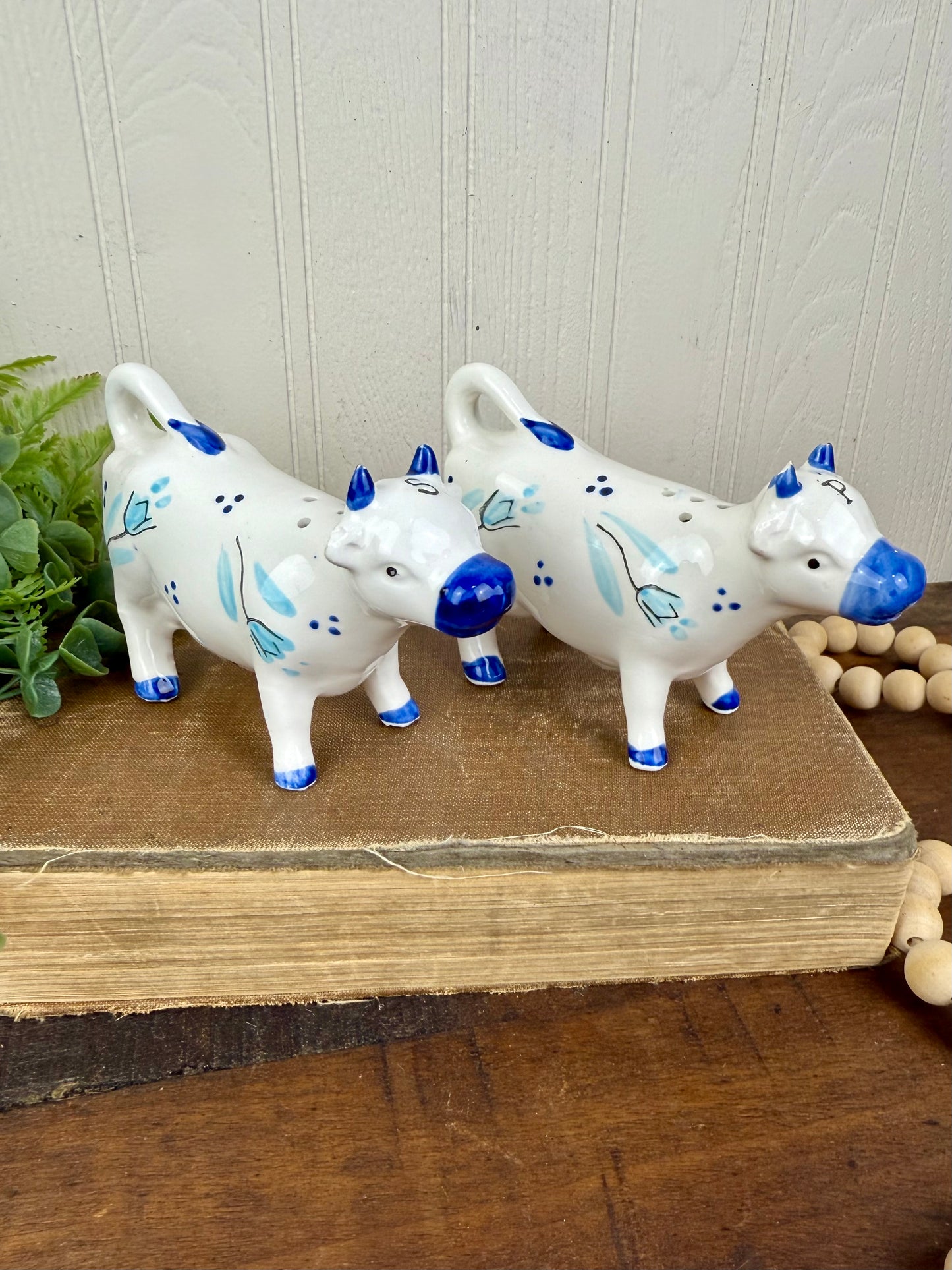 Vintage Enesco Delft-Style Porcelain Cow Salt and Pepper Shakers