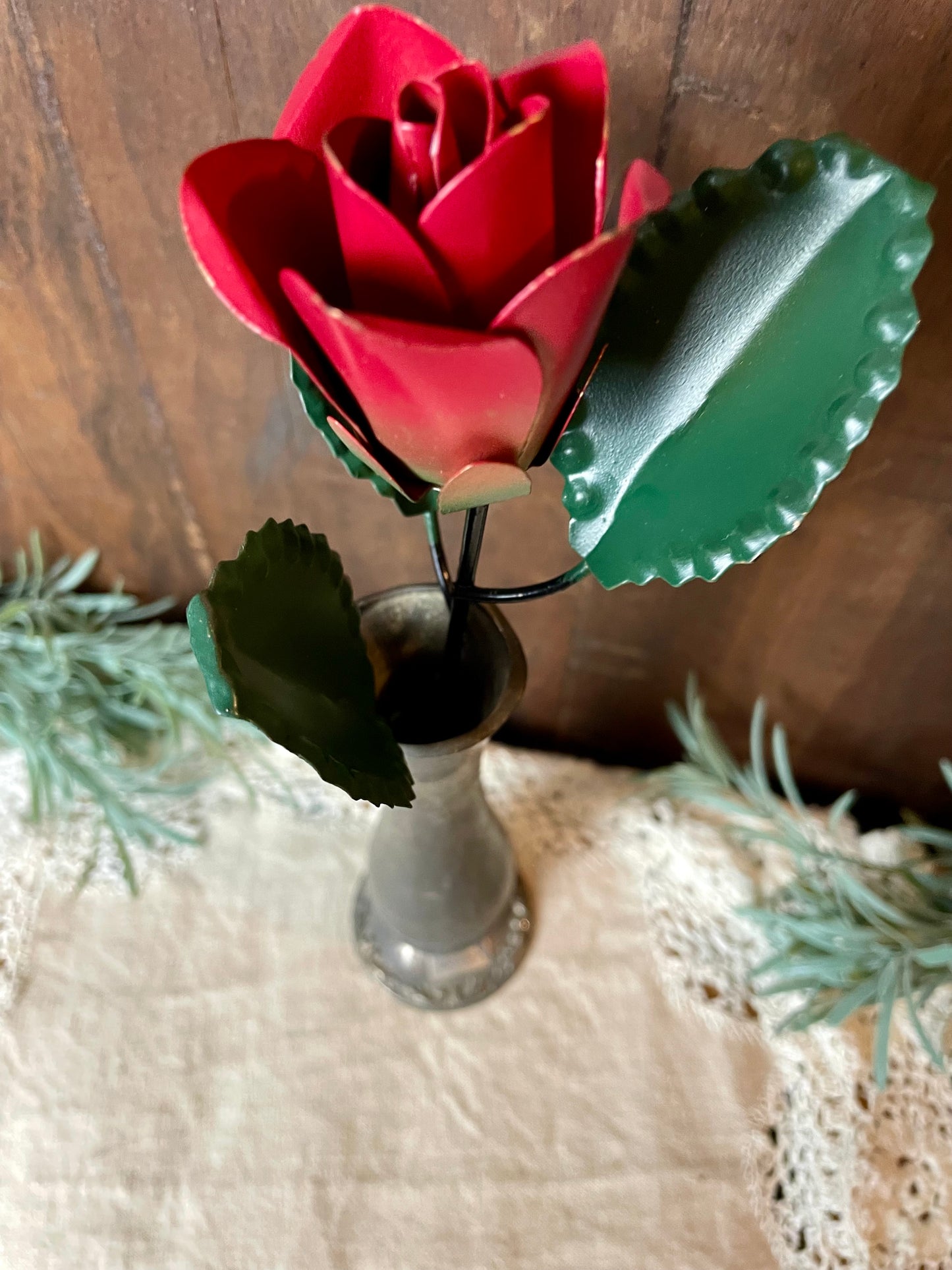 Vintage Silverplate Bud Vase with Metal Rose