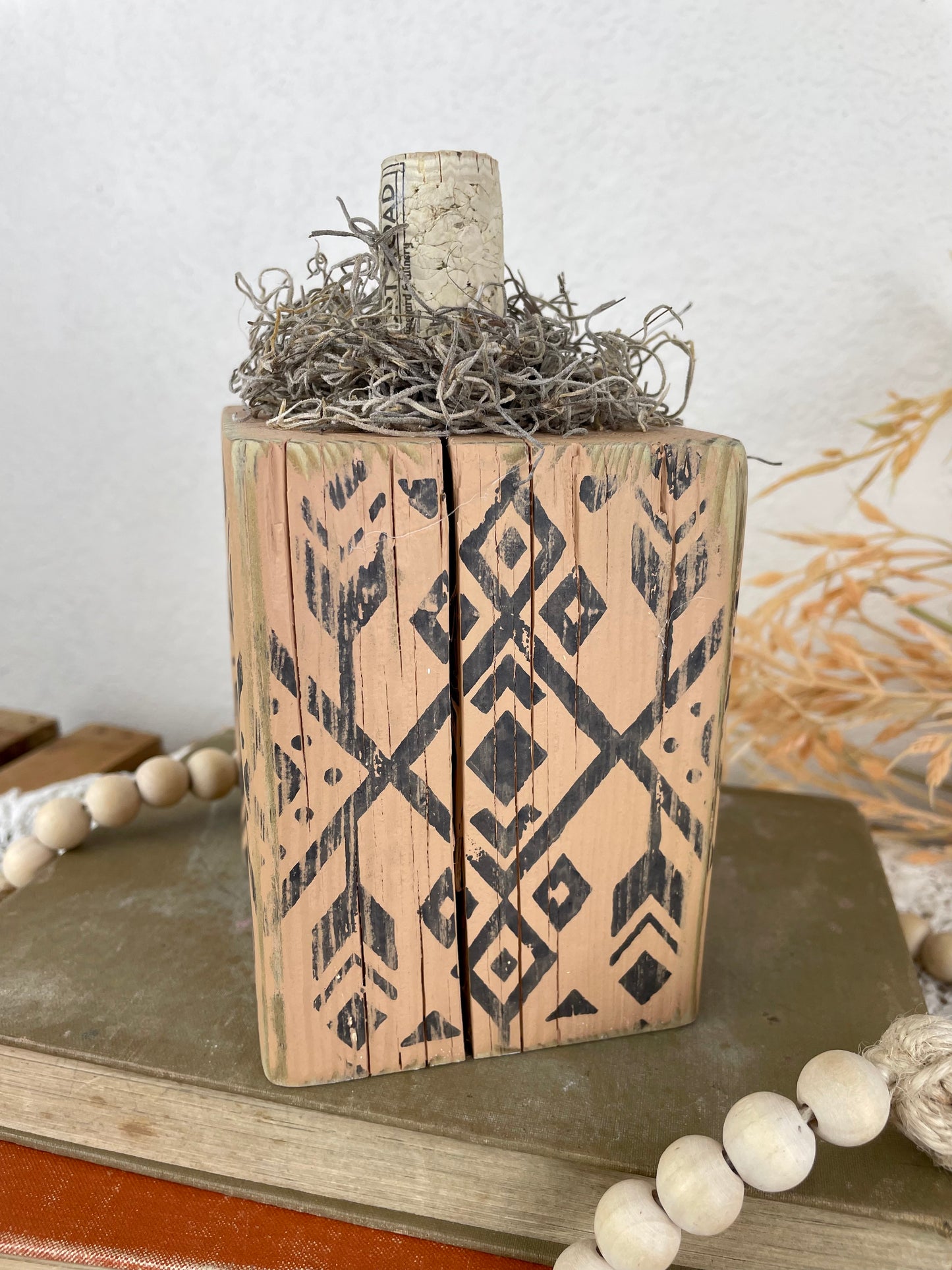 Handmade Reclaimed Wood Light Orange Block Pumpkin with Stamped Tribal Details