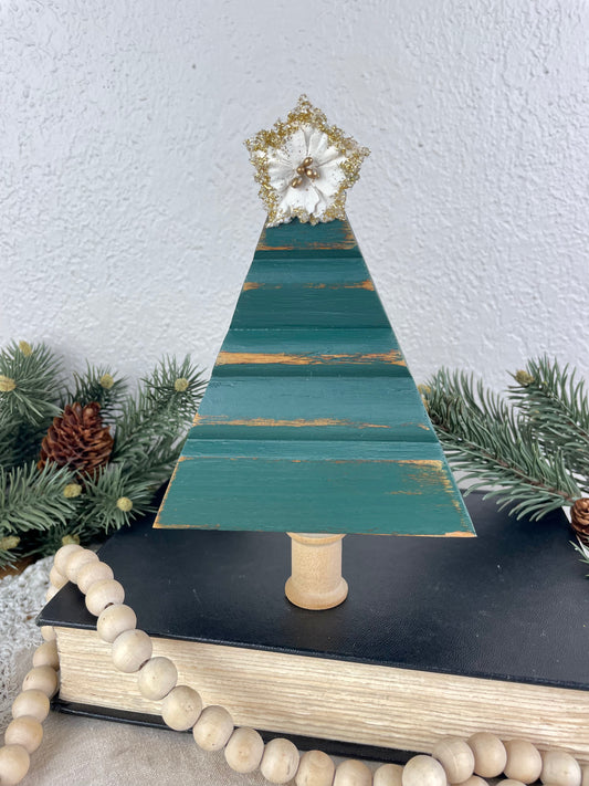 Upcycled Small Vintage Trim Forest Green Christmas Tree with White Poinsettia