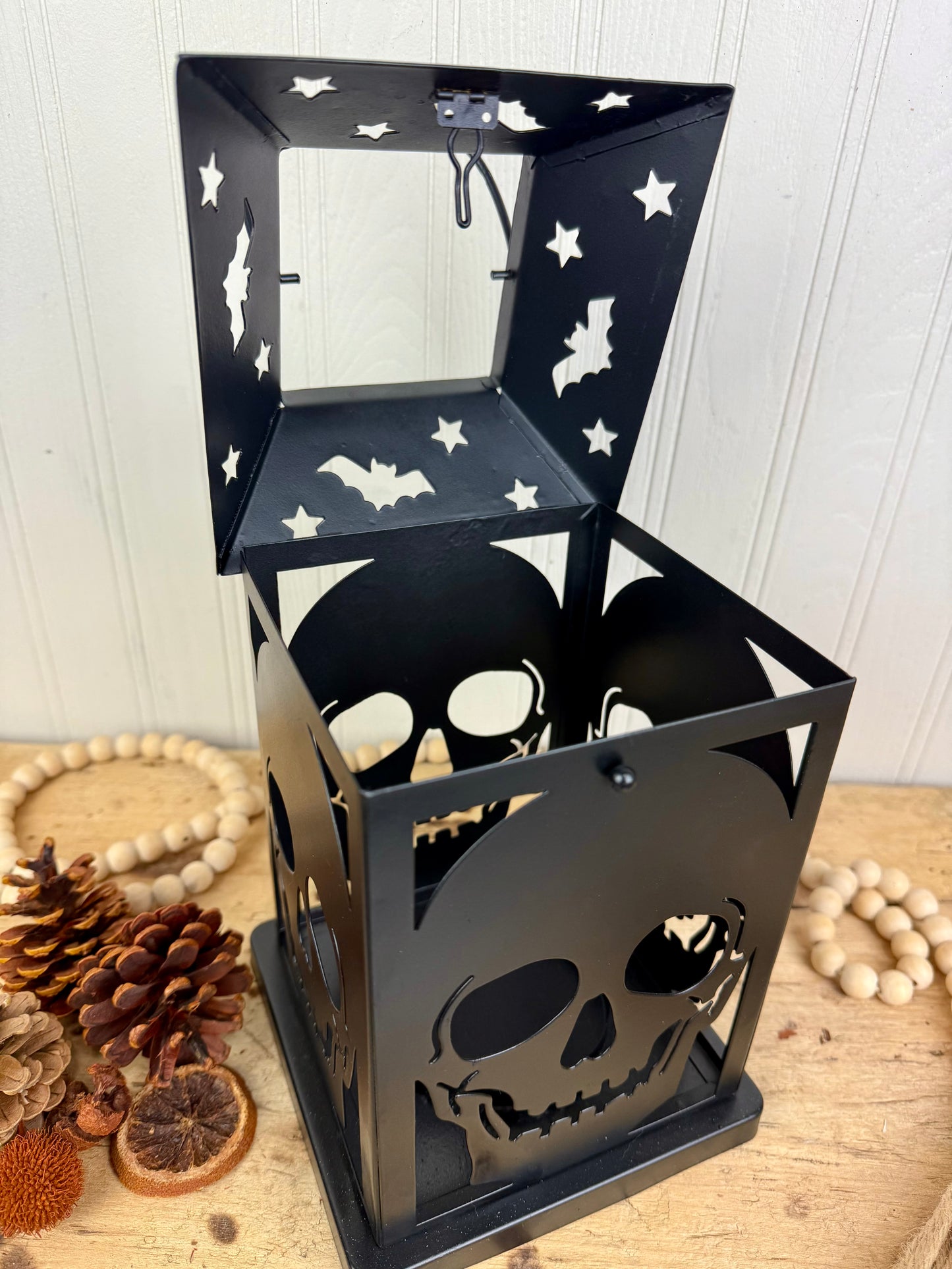 Metal Candle Lantern with Skulls and Bats