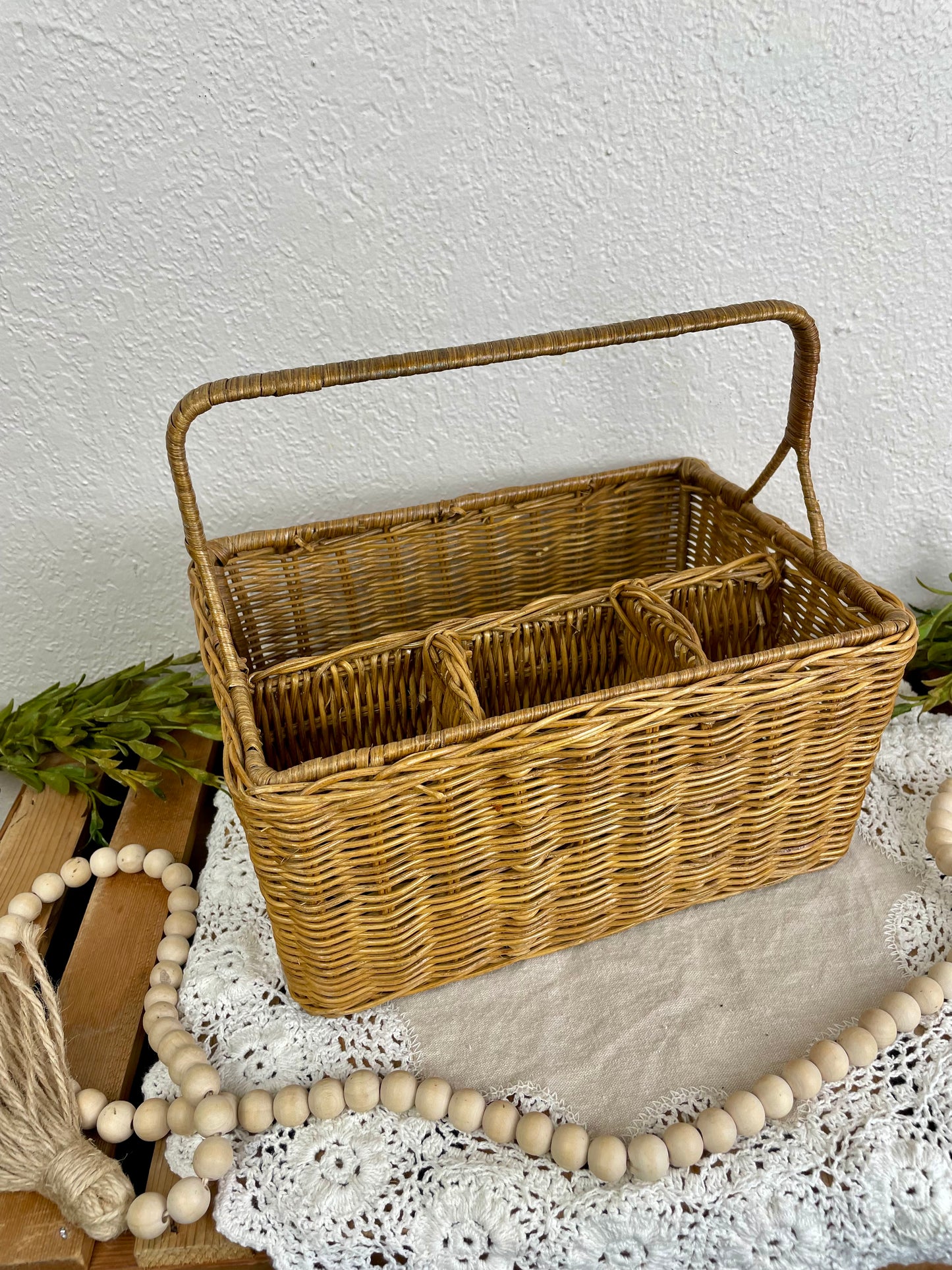 Vintage Wicker Storage Basket with Dividers