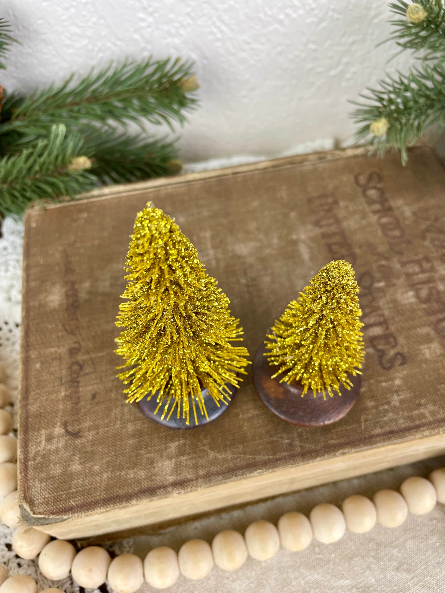 Gold Bottle Brush Tree Set with Wood Knob Bases