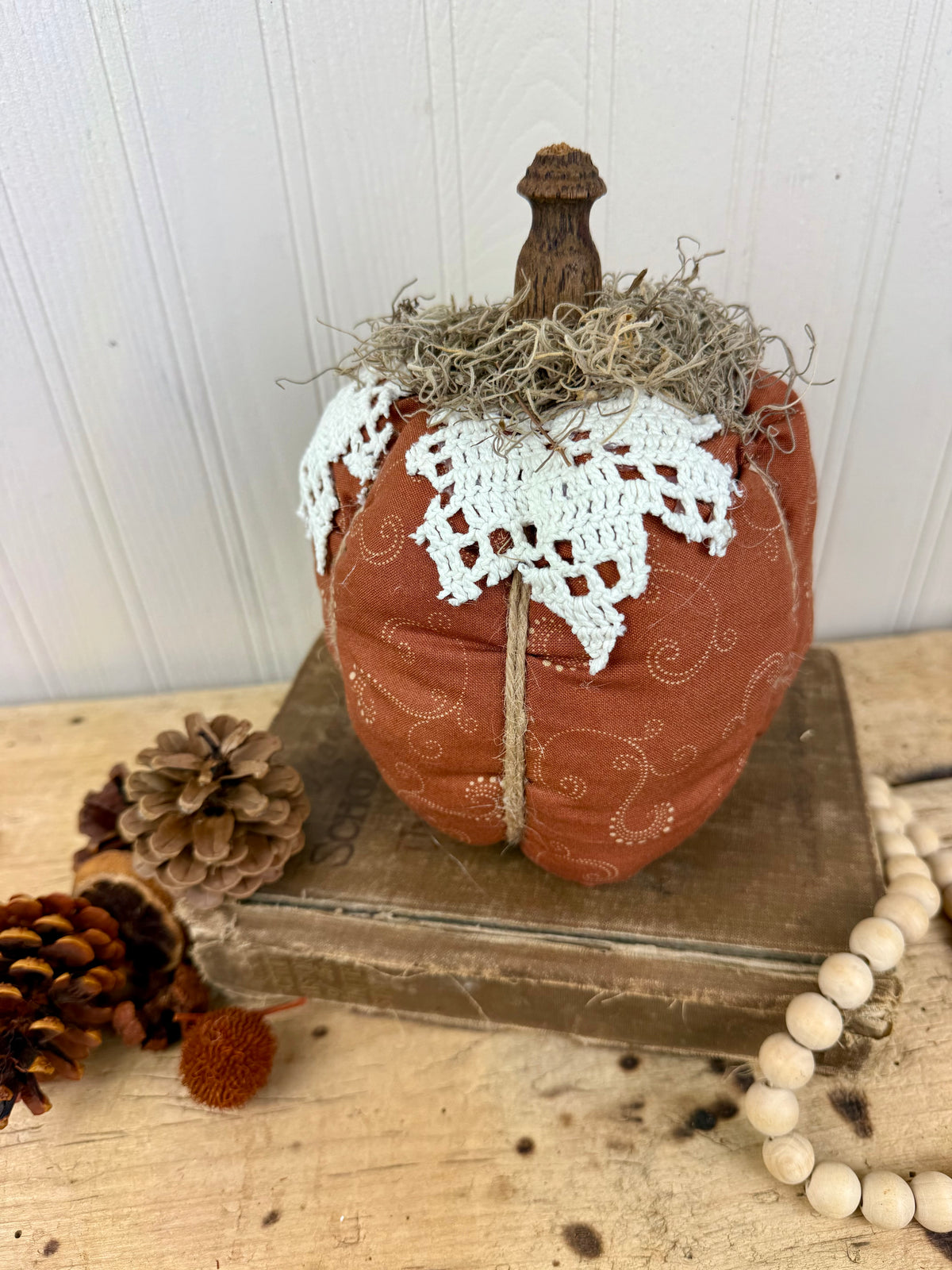 Handmade Plush Pumpkin with Doily Leaves #2