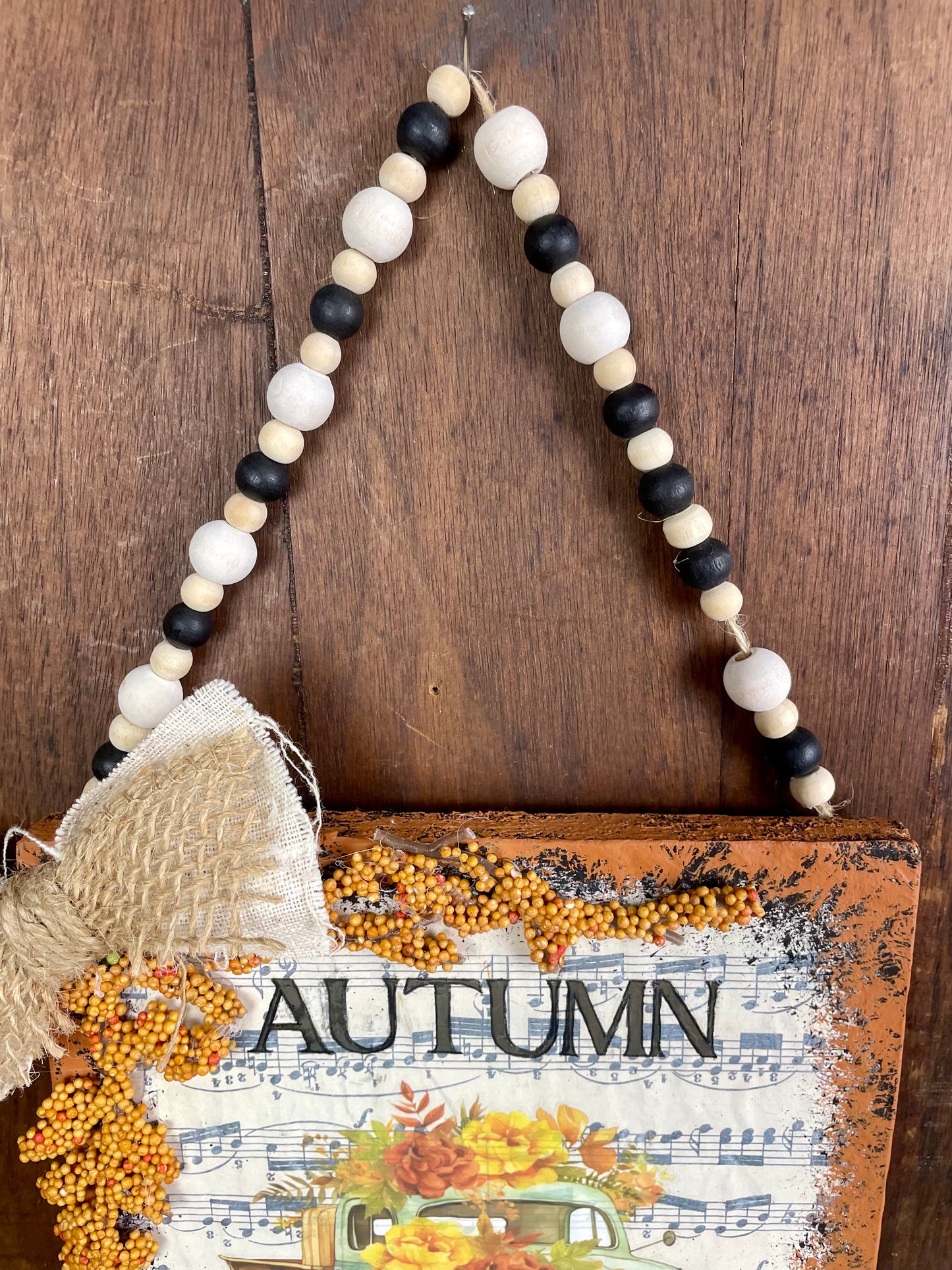 Handmade Upcycled Autumn Sign with Beaded Hanger