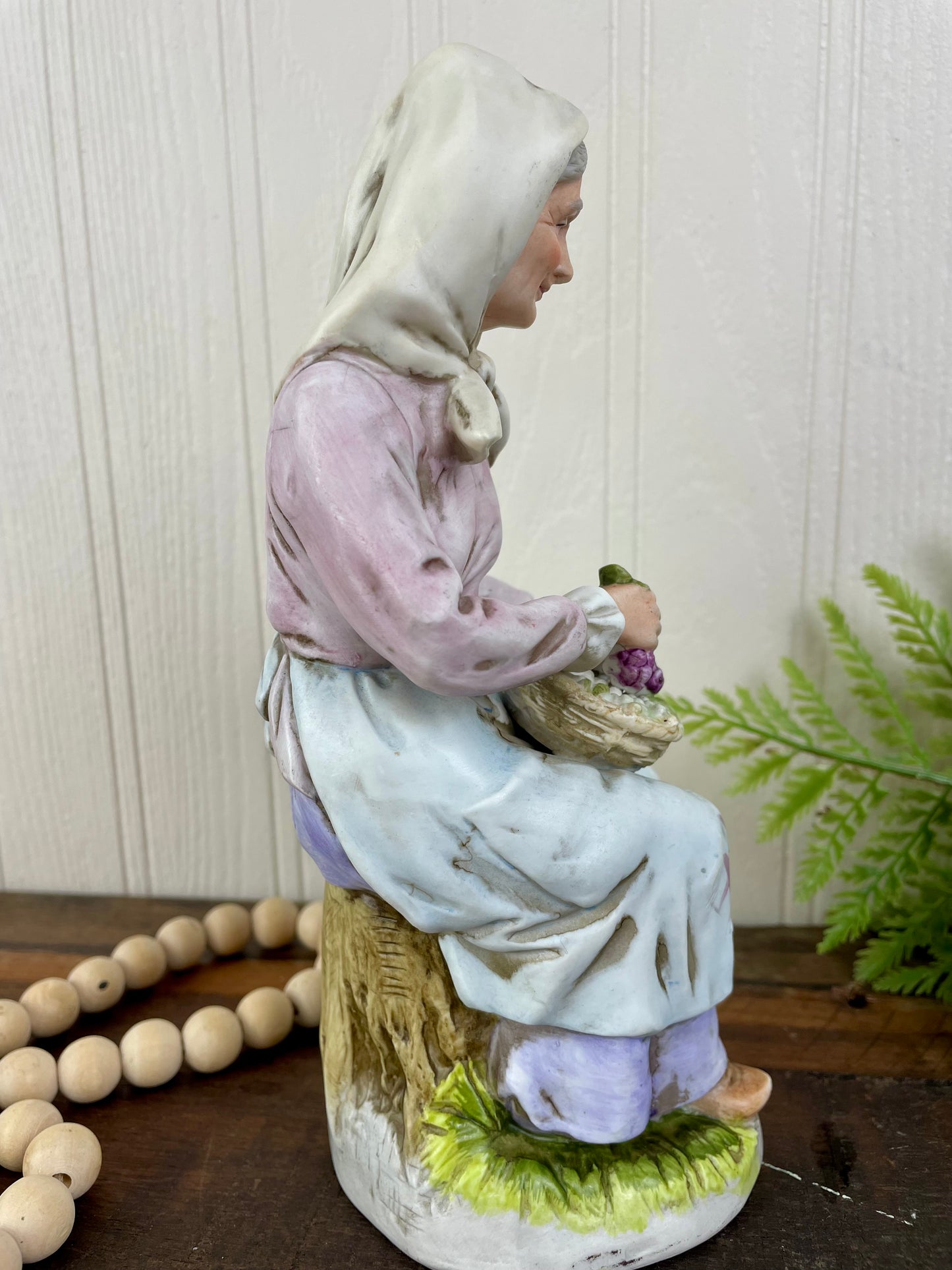 Vintage Homco Ceramic Figurine- Old Woman with Grape Basket