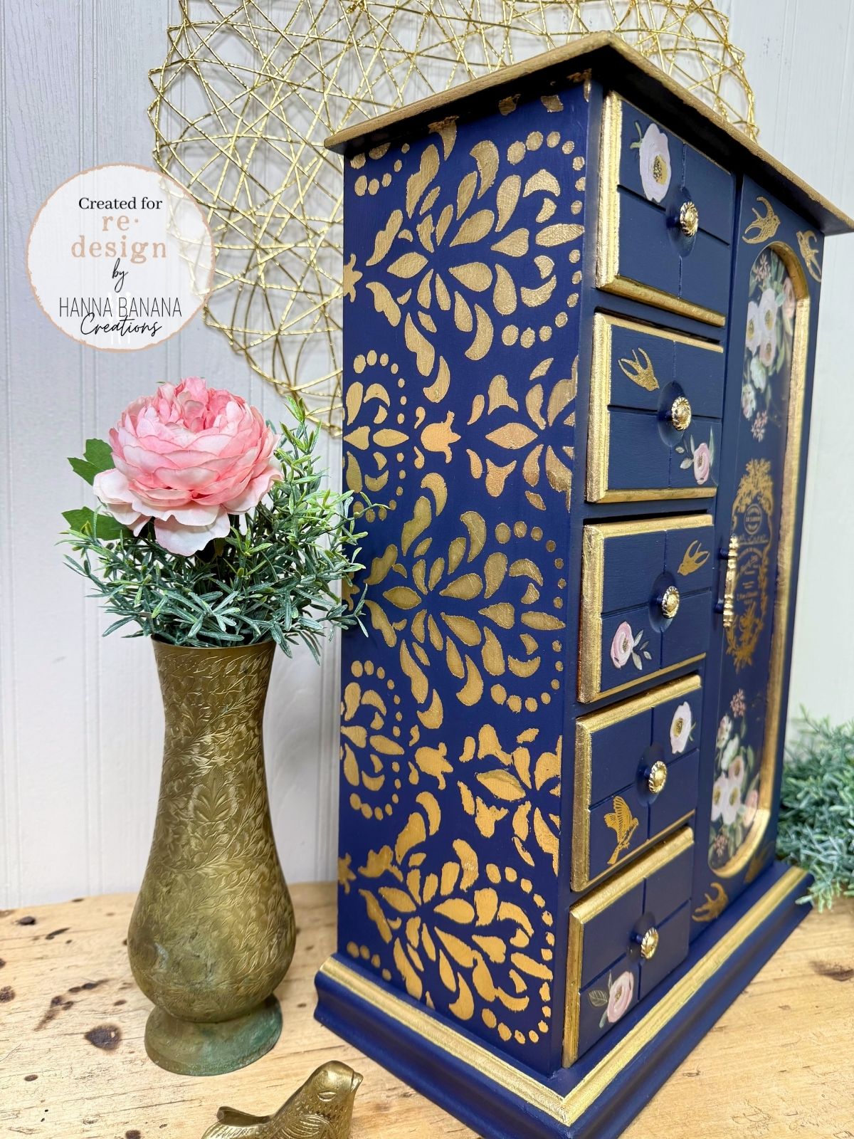 Upcycled Navy & Gold Jewelry Box with Pink Florals
