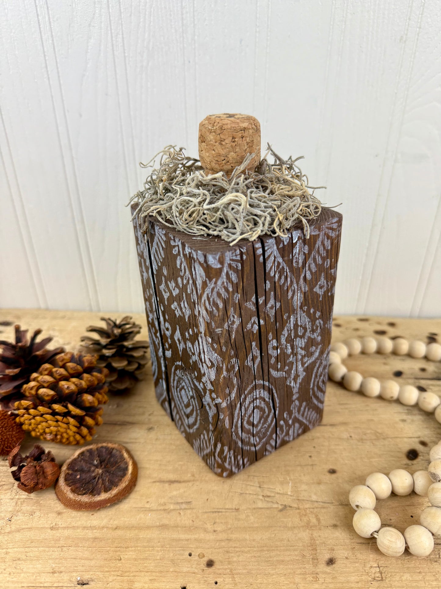 Handmade Reclaimed Wood Block Pumpkin with Stamped Tribal Details