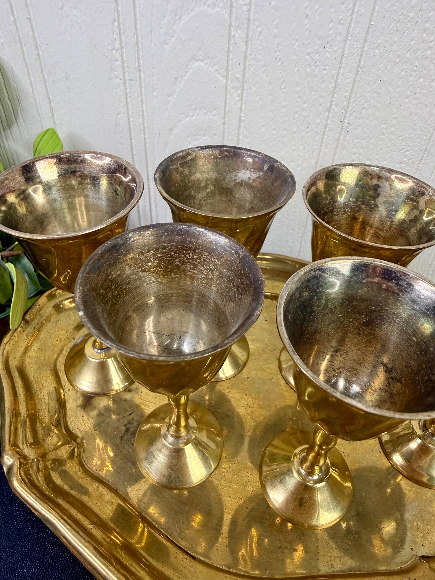Vintage Mini Brass Barware Set with Goblets & Tray