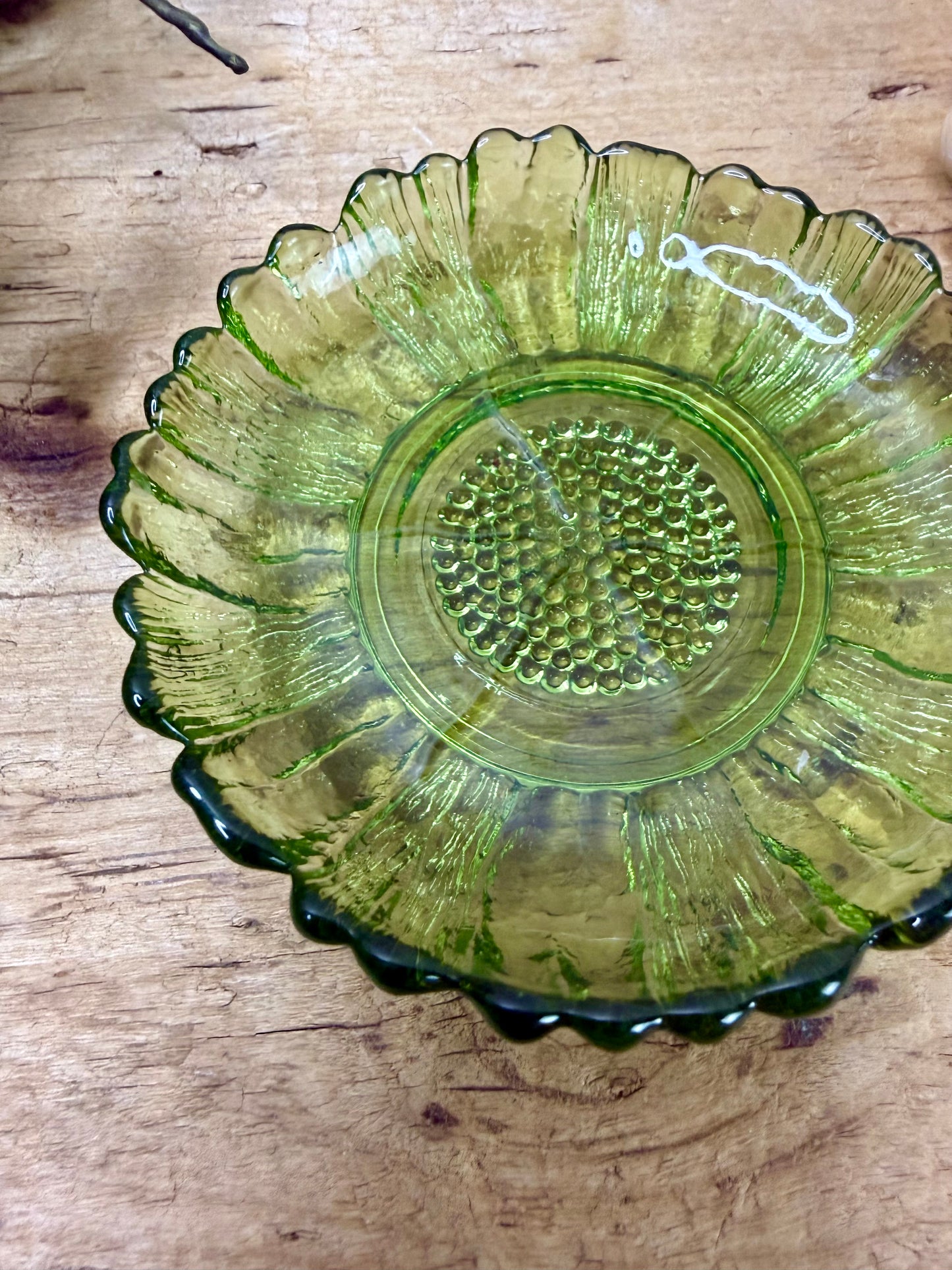 Vintage Indiana Glass Co. Avocado Green Sunflower Dip Bowl