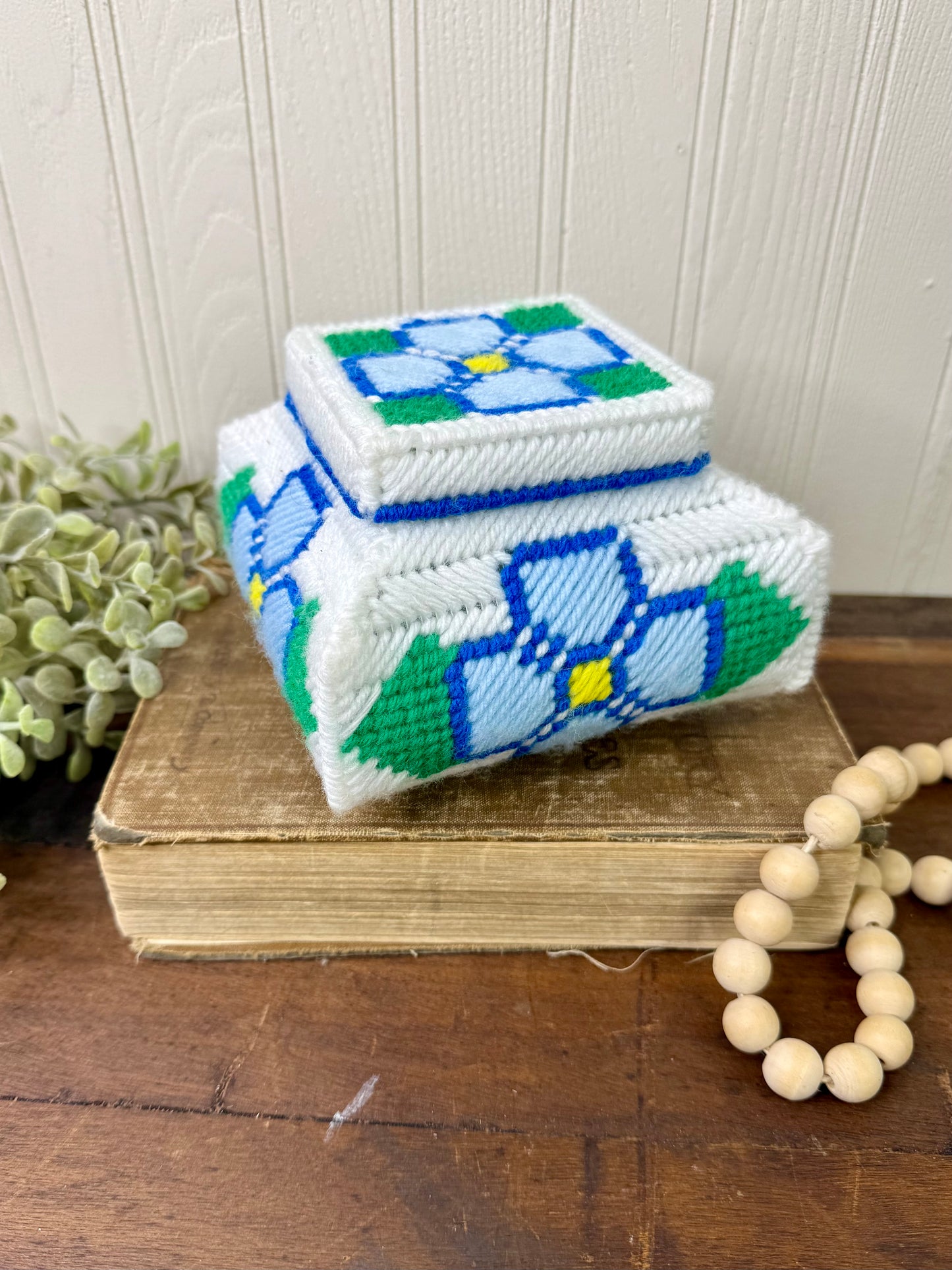 Vintage Plastic Canvas Storage Box with Blue Flowers