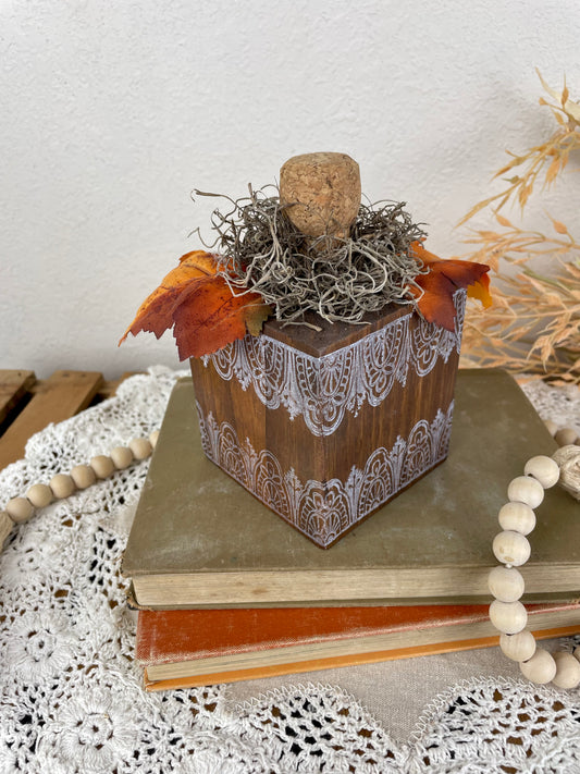 Handmade Reclaimed Wood Block Pumpkin with Leaves