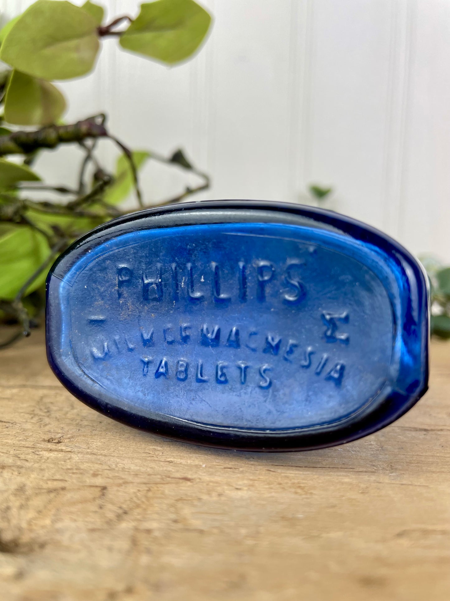 Vintage Cobalt Blue Glass Medicine Bottle with Greenery