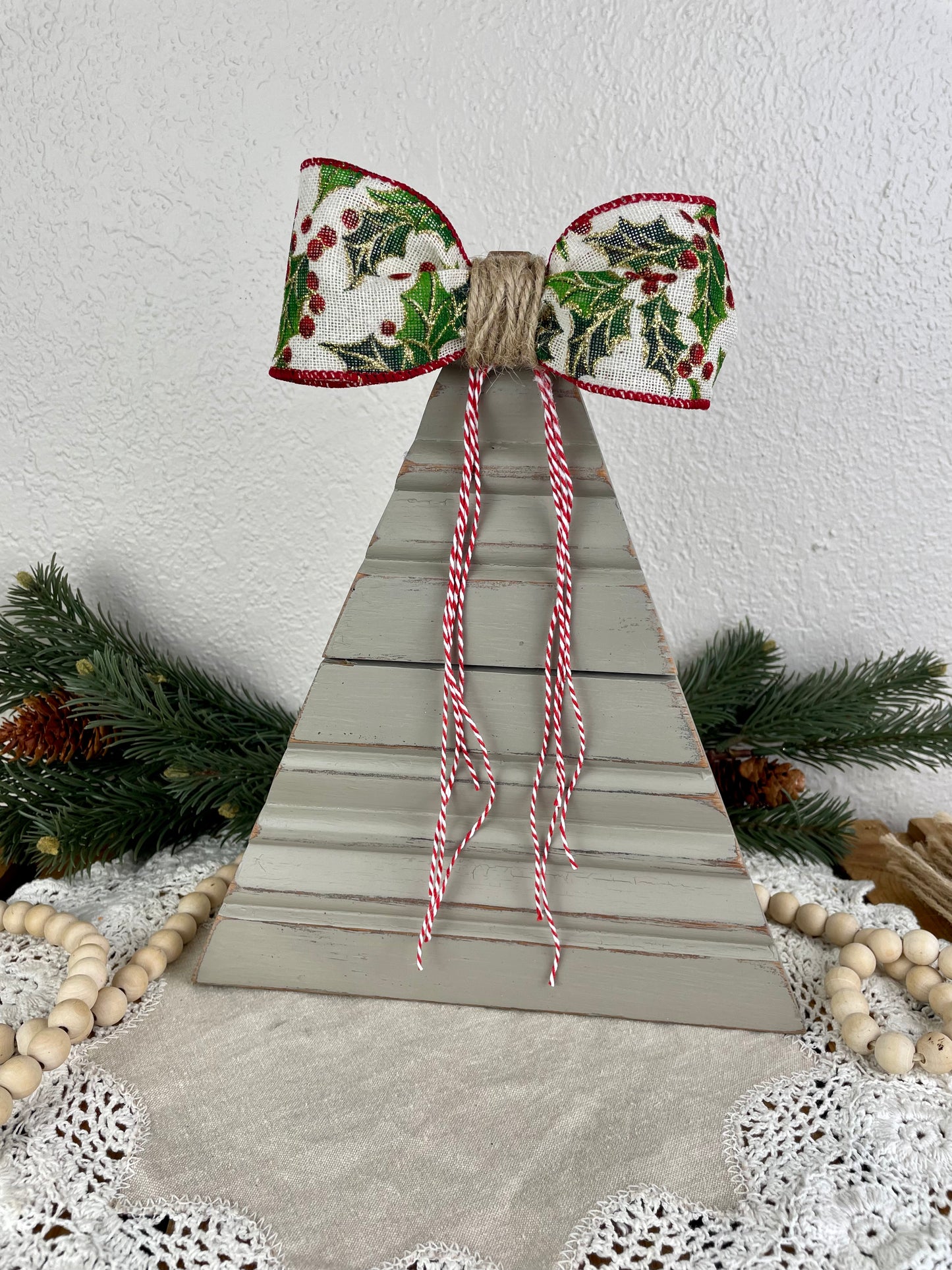 Upcycled Vintage Trim Beige Large Christmas Tree with Handmade Bow