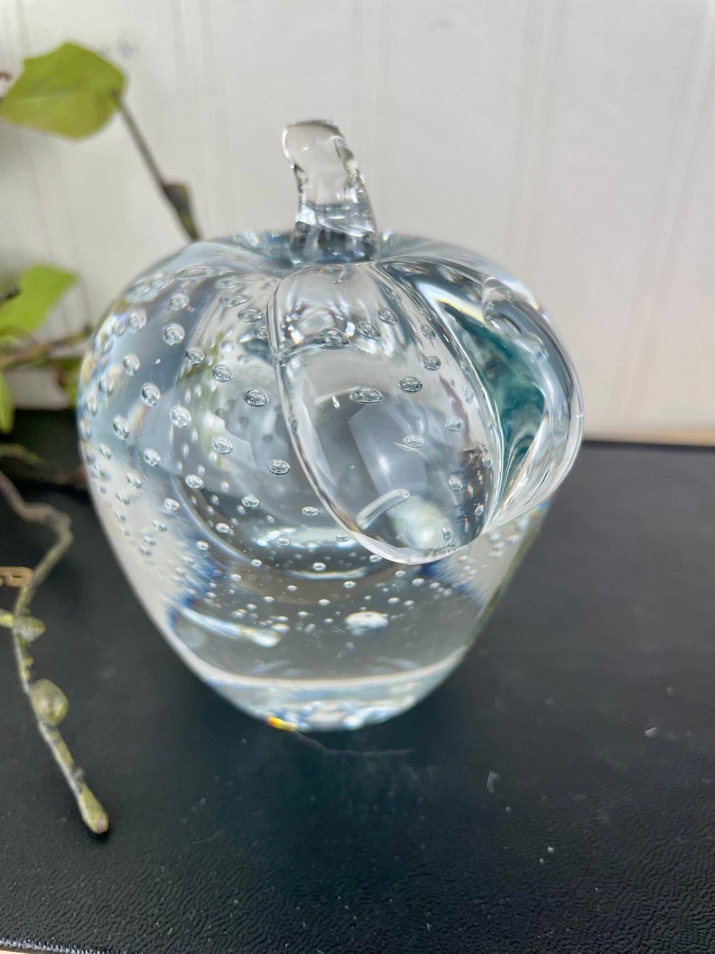 Vintage Clear Bubbled Art Glass Apple Paperweight