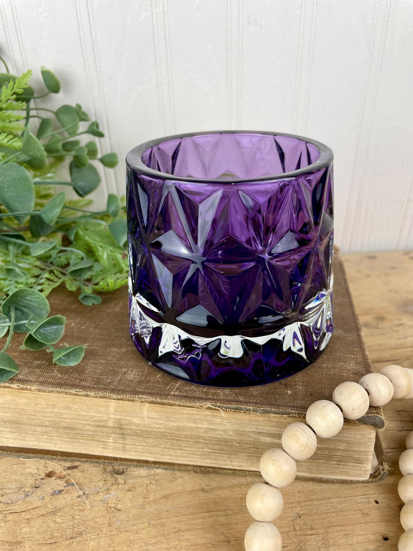 Purple Glass Candle Holder with Geometric Pattern