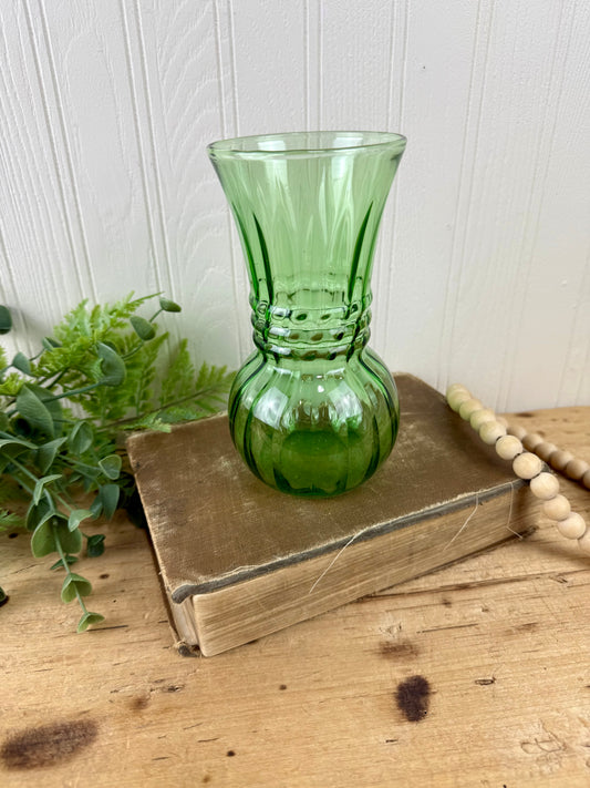 Vintage Anchor Hocking Green Glass Ivy Ball Ribbed Vase