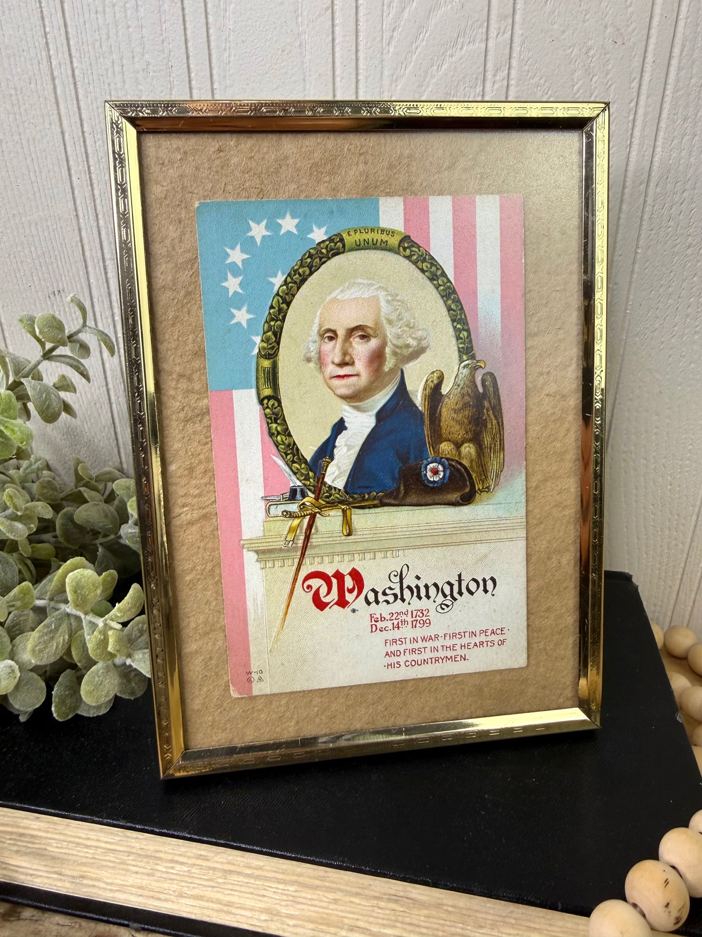 Antique George Washington Patriotic Embossed Postcard in Brass Frame