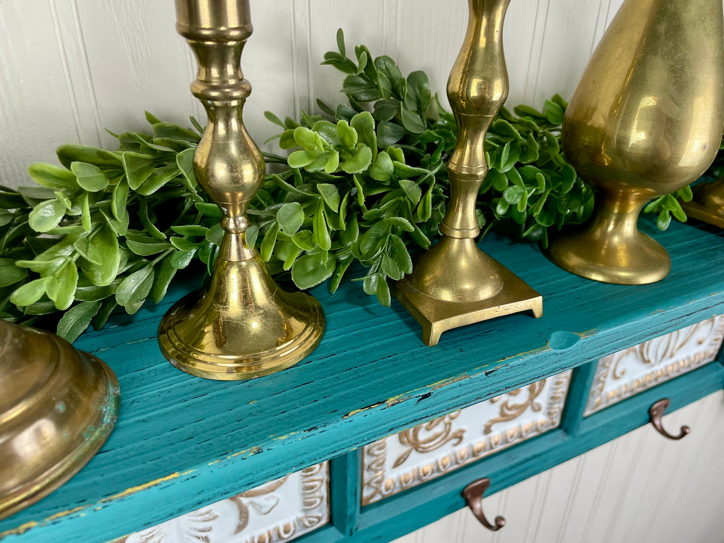 Upcycled Teal Painted Shelf with Hooks