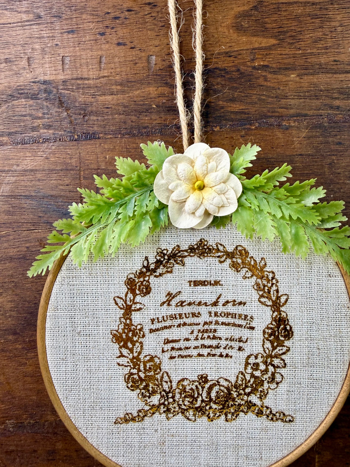 Upcycled Embroidery Hoop Wall Art with Vintage Label