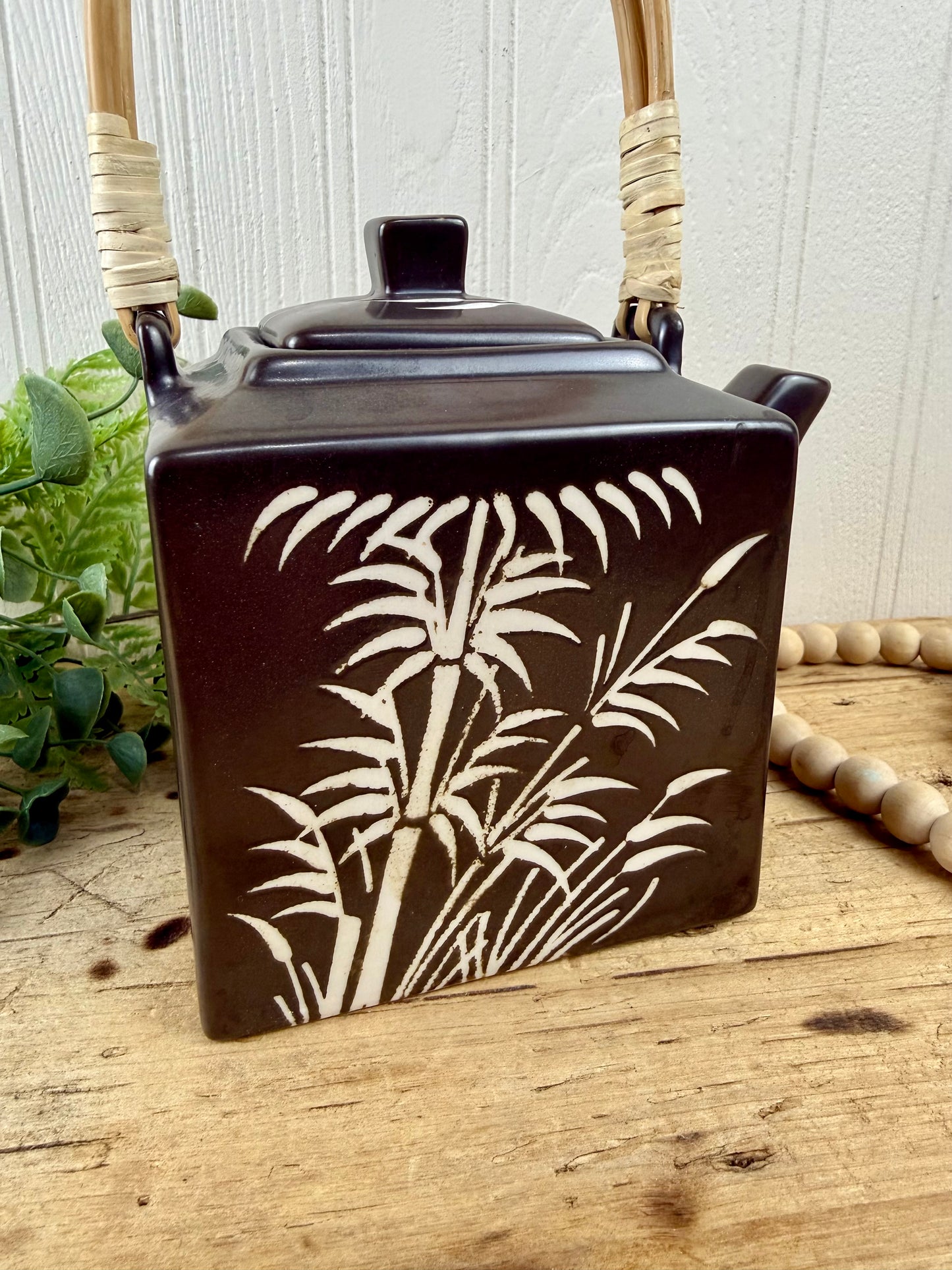 Brown Stoneware Teapot with Bamboo Design