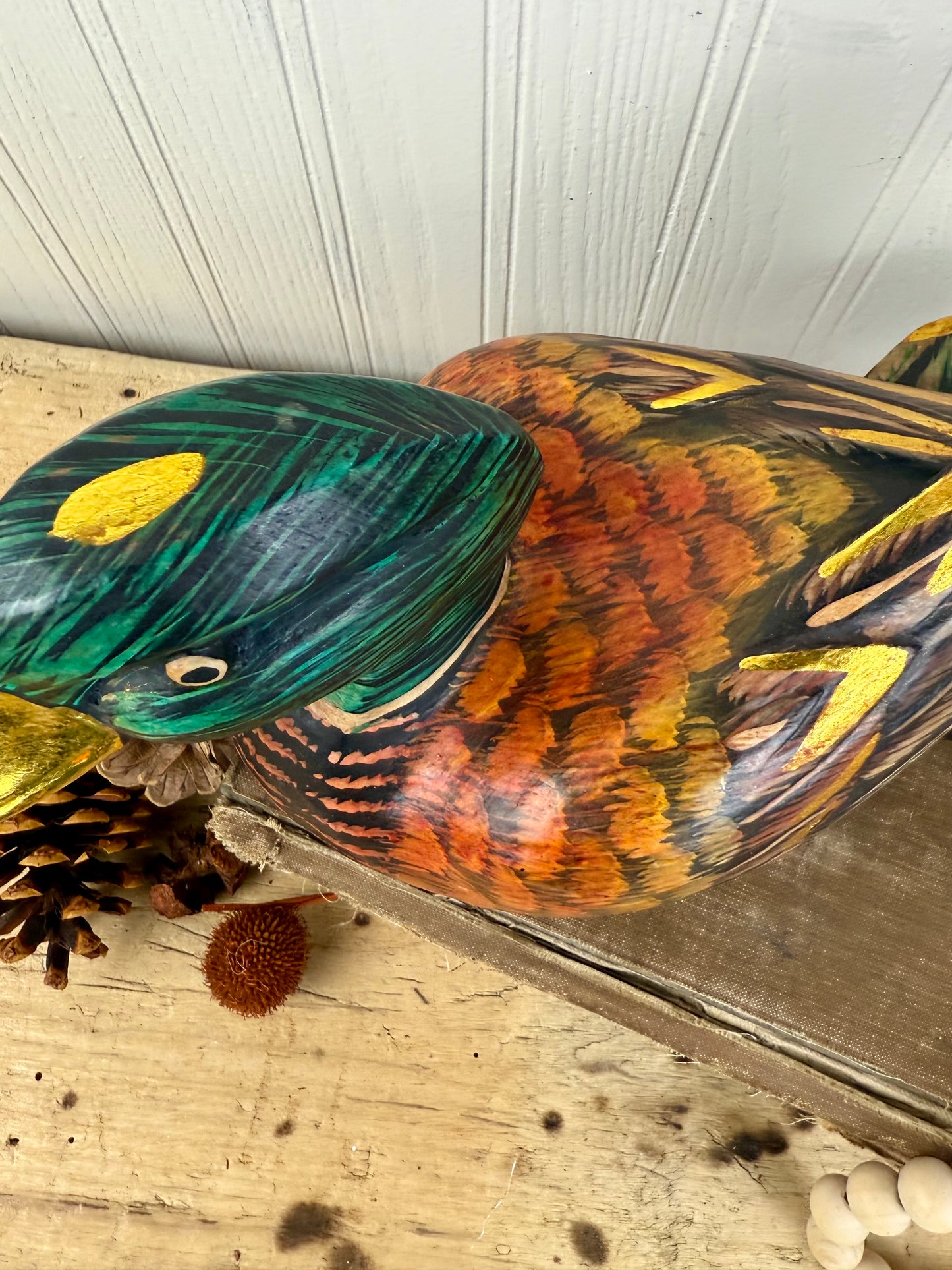 Vintage Hand Carved Wooden Duck with Golden Details