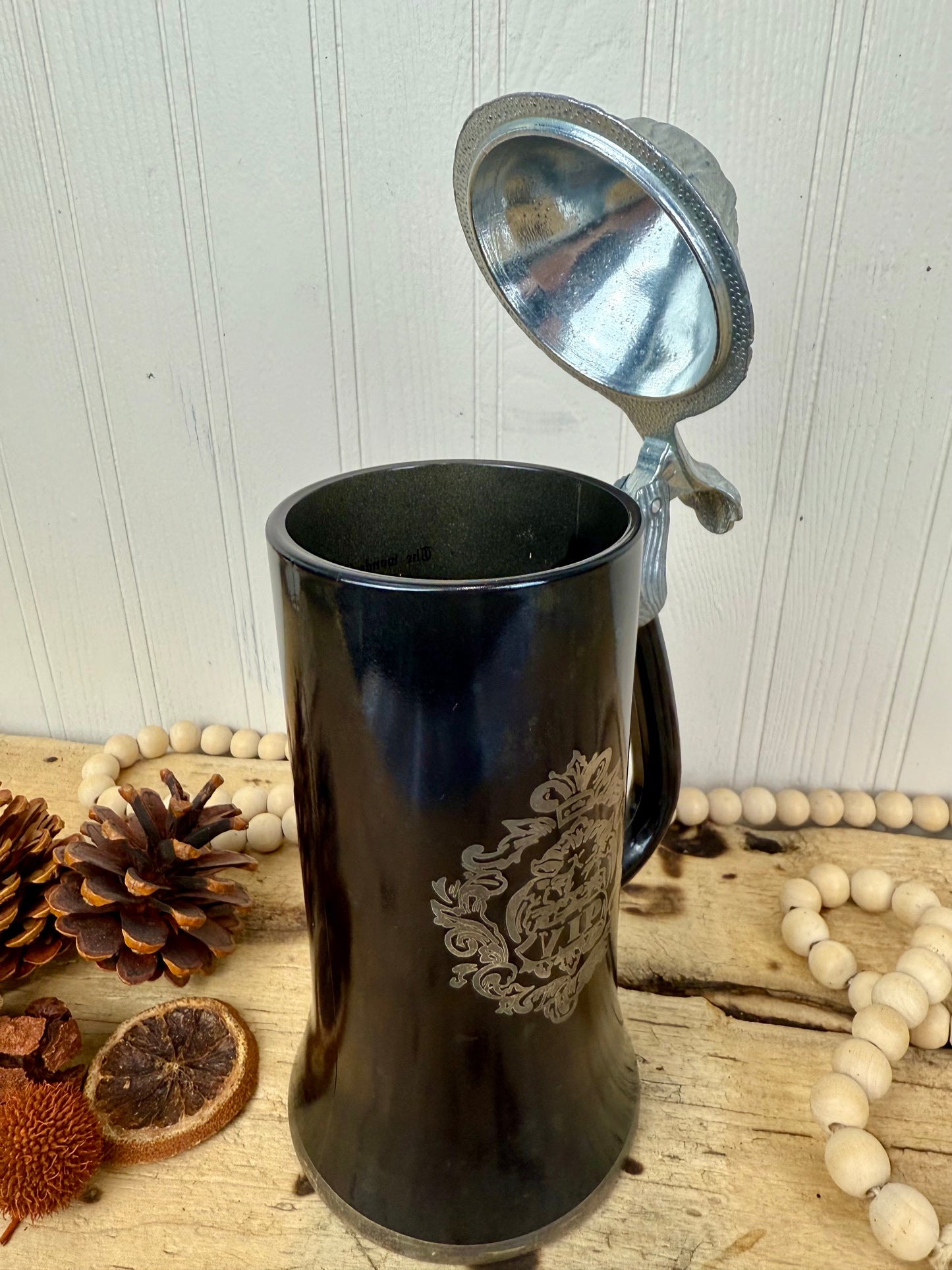 Vintage Black Glass Beer Stein with Pewter Lid
