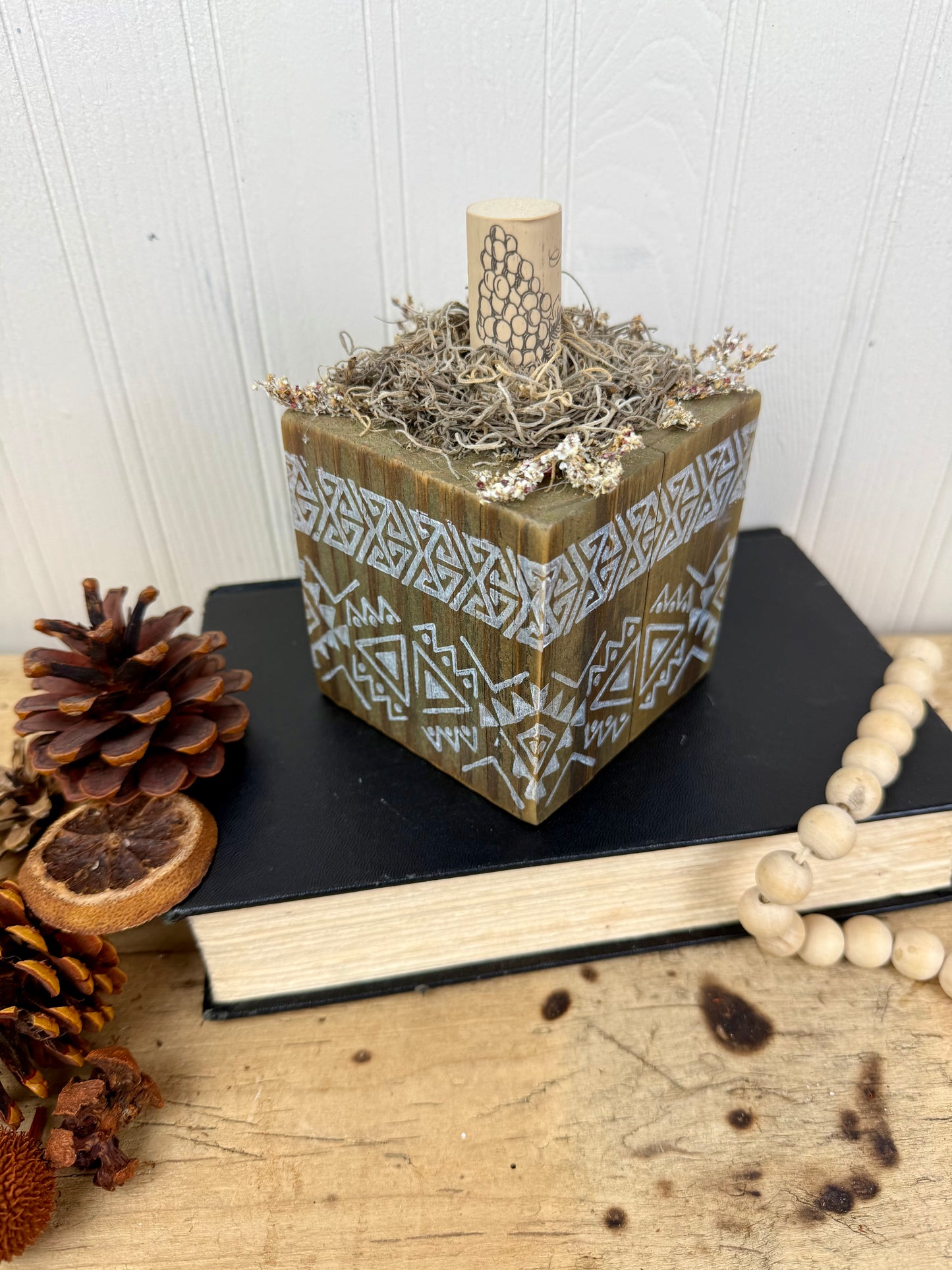 Handmade Reclaimed Wood Tribal Print Block Pumpkin