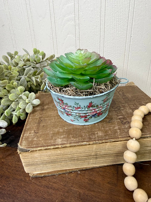 Upcycled Mini Washtub Faux Succulent Plant- Blue