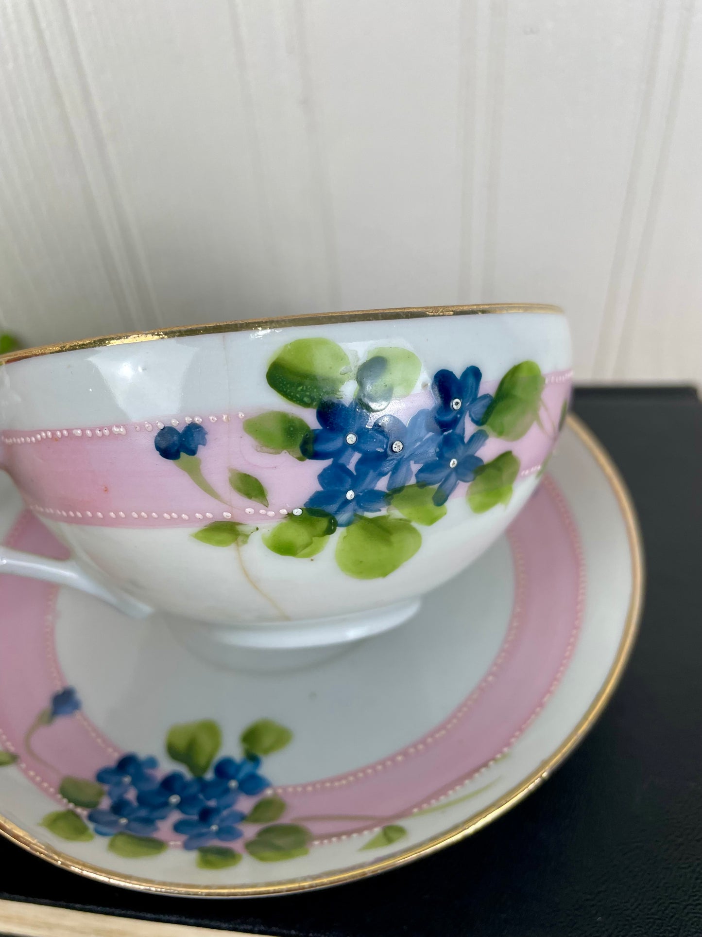 Vintage Hand Painted Blue Floral & Pink Striped Nippon Teacup & Saucer Set