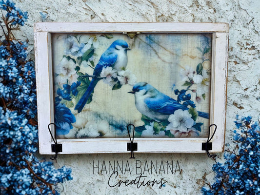 Handmade Upcycled Blue Bird Window Wall Art with Hanging Hooks- Shipping Included