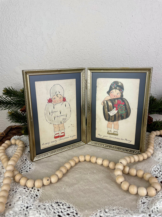 Vintage Double Brass Picture Frame with Vintage Christmas Post Cards