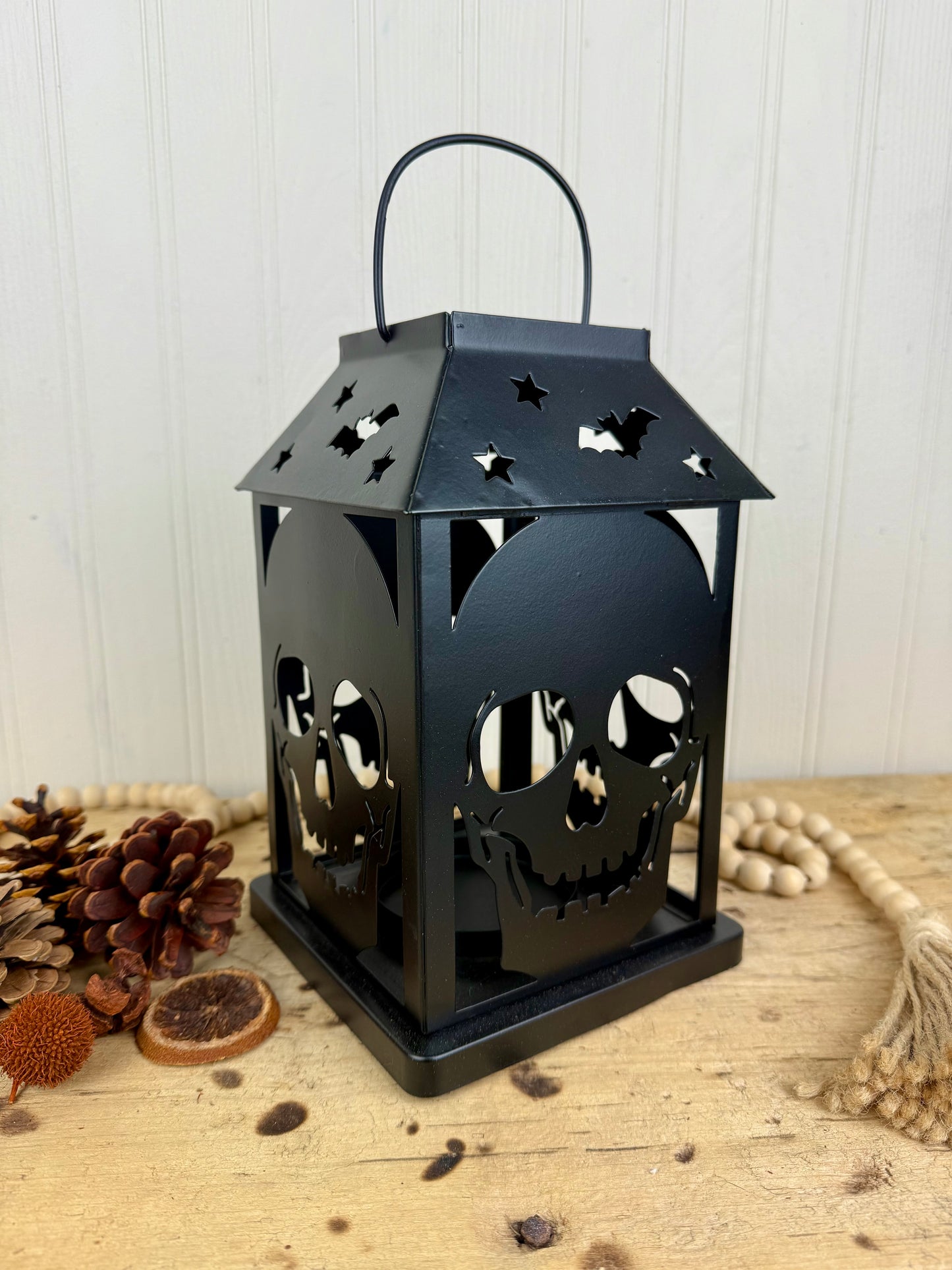 Metal Candle Lantern with Skulls and Bats