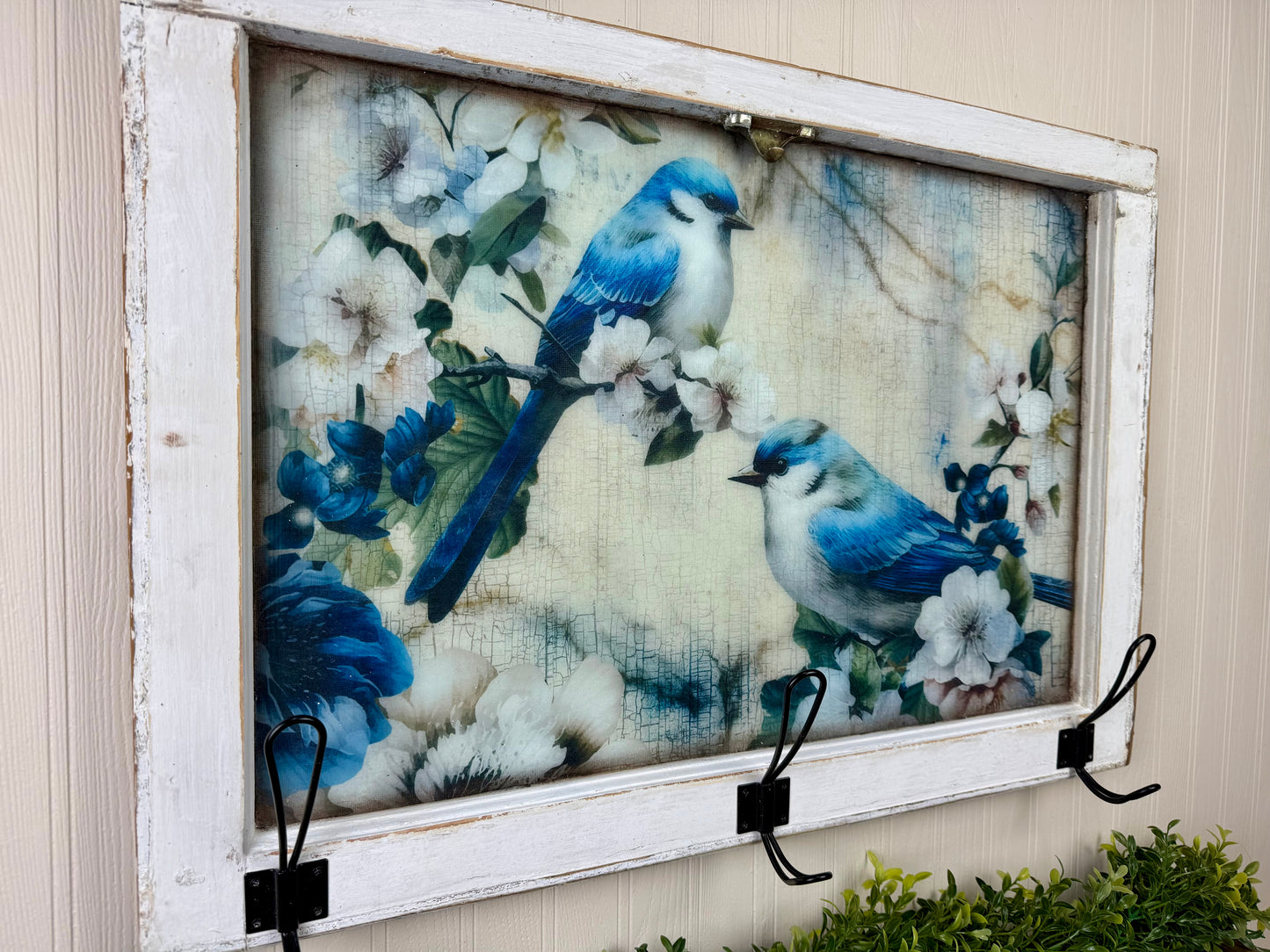 Handmade Upcycled Blue Bird Window Wall Art with Hanging Hooks- Shipping Included