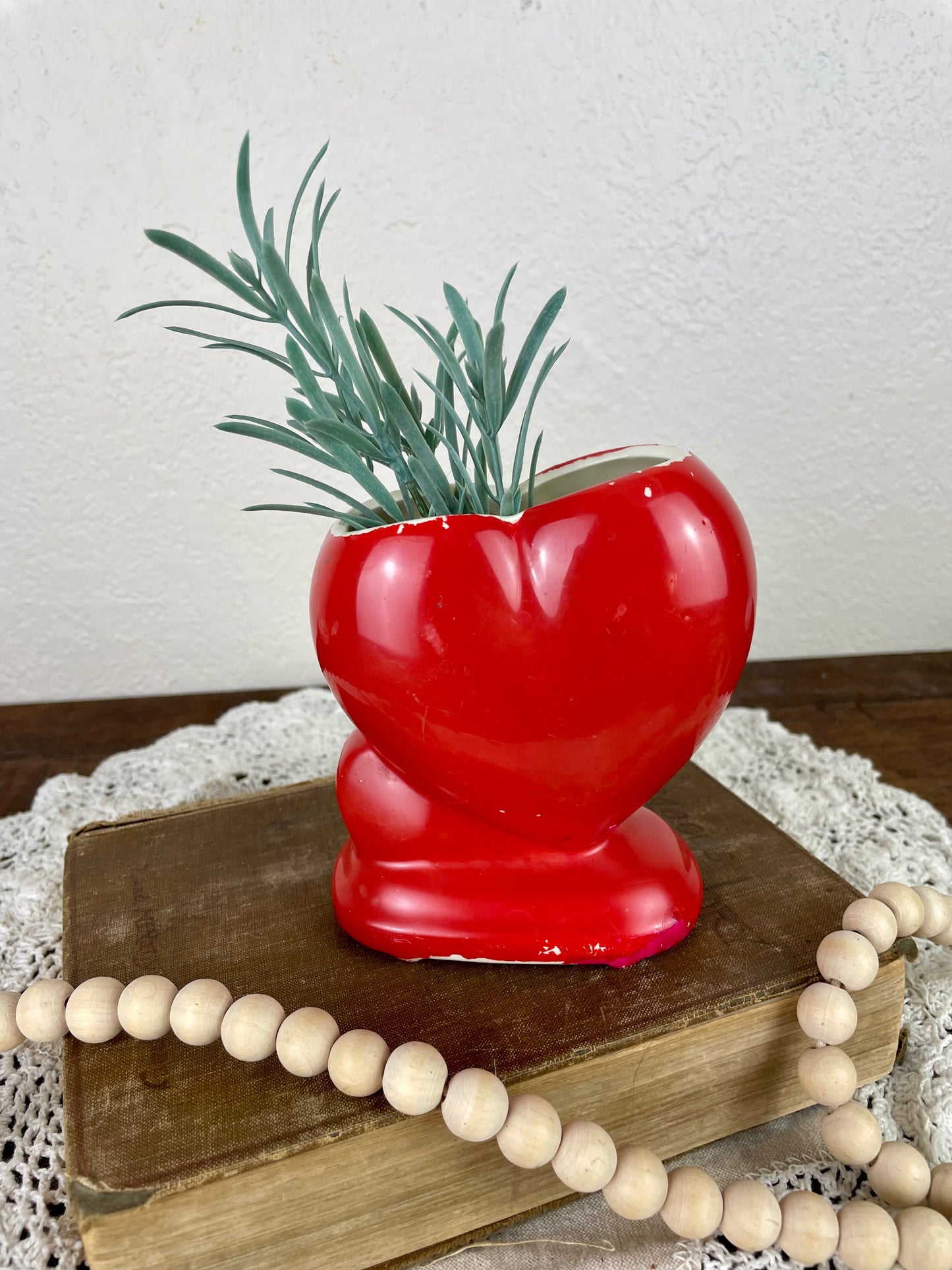 Vintage Red Ceramic Heart Planter
