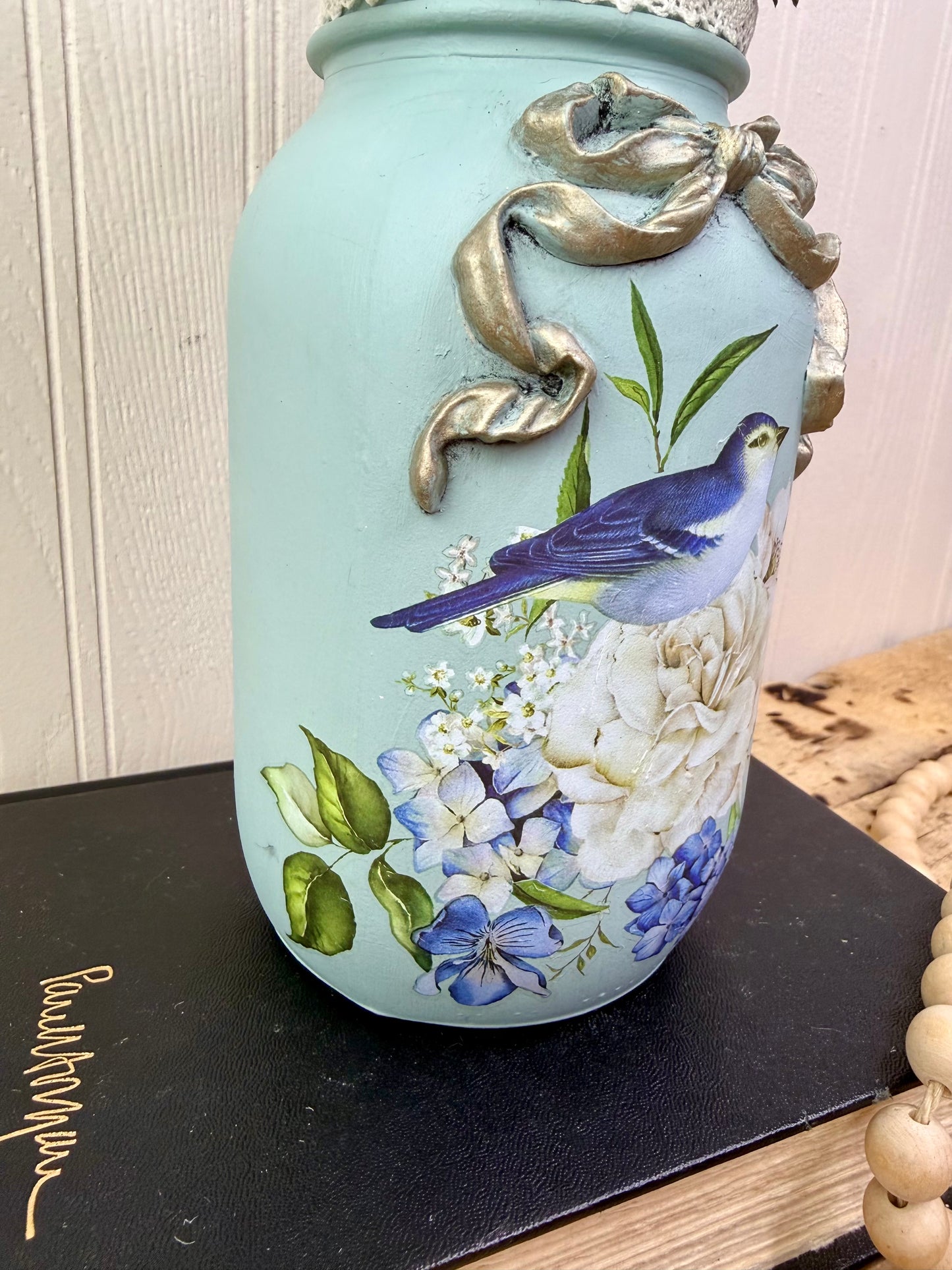 Handmade Upcycled Jar Vase with Blue Birds