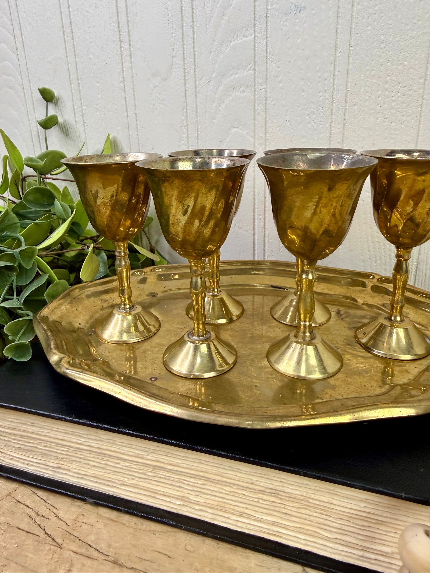 Vintage Mini Brass Barware Set with Goblets & Tray