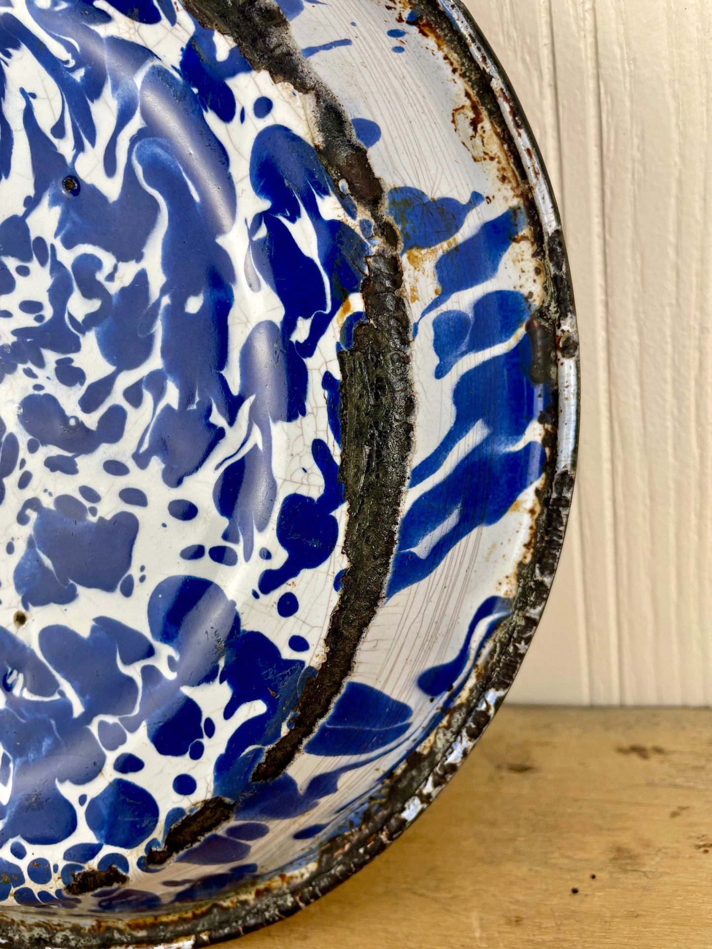 Vintage Blue & White Marbled Enamel Pie Pan